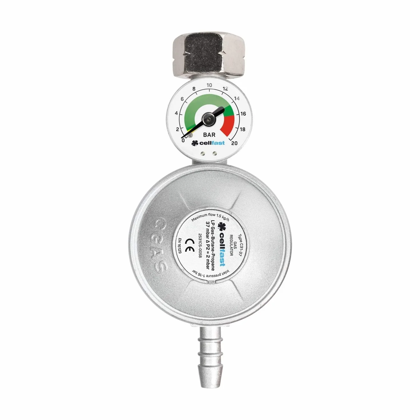 Cellfast Reduktor do gazu z manometrem, do zasilania urządzeń gazem, przeznaczony do użytku domowego, Wysoka jakość, gaz: LPG/Propan/Butan