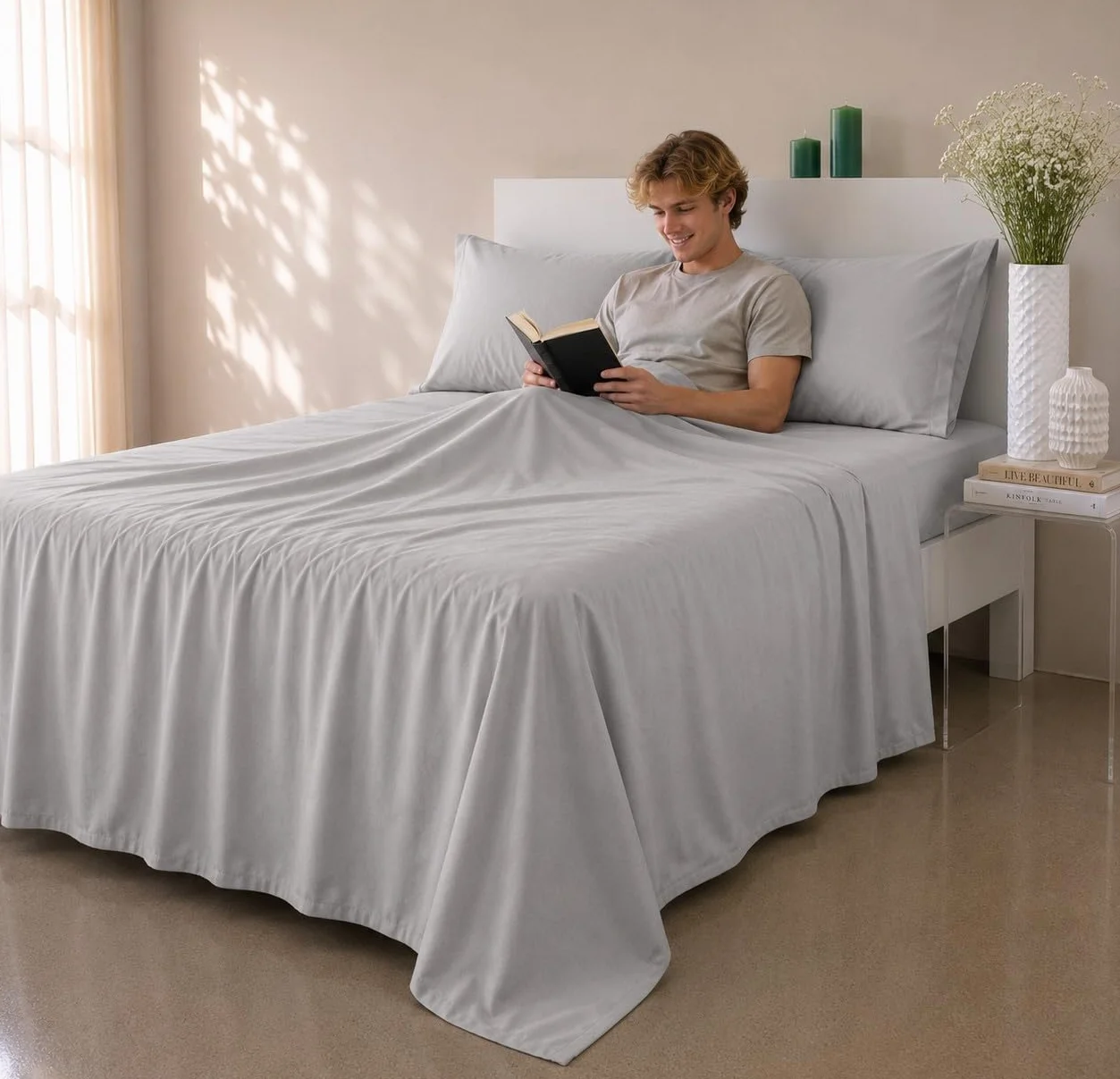 COTTON ARTean Zestaw pościeli z egipskiej satyny bawełnianej DE 300 wątków szary perłowy łóżko 160 x 190/200. 100% bawełna egipska szara