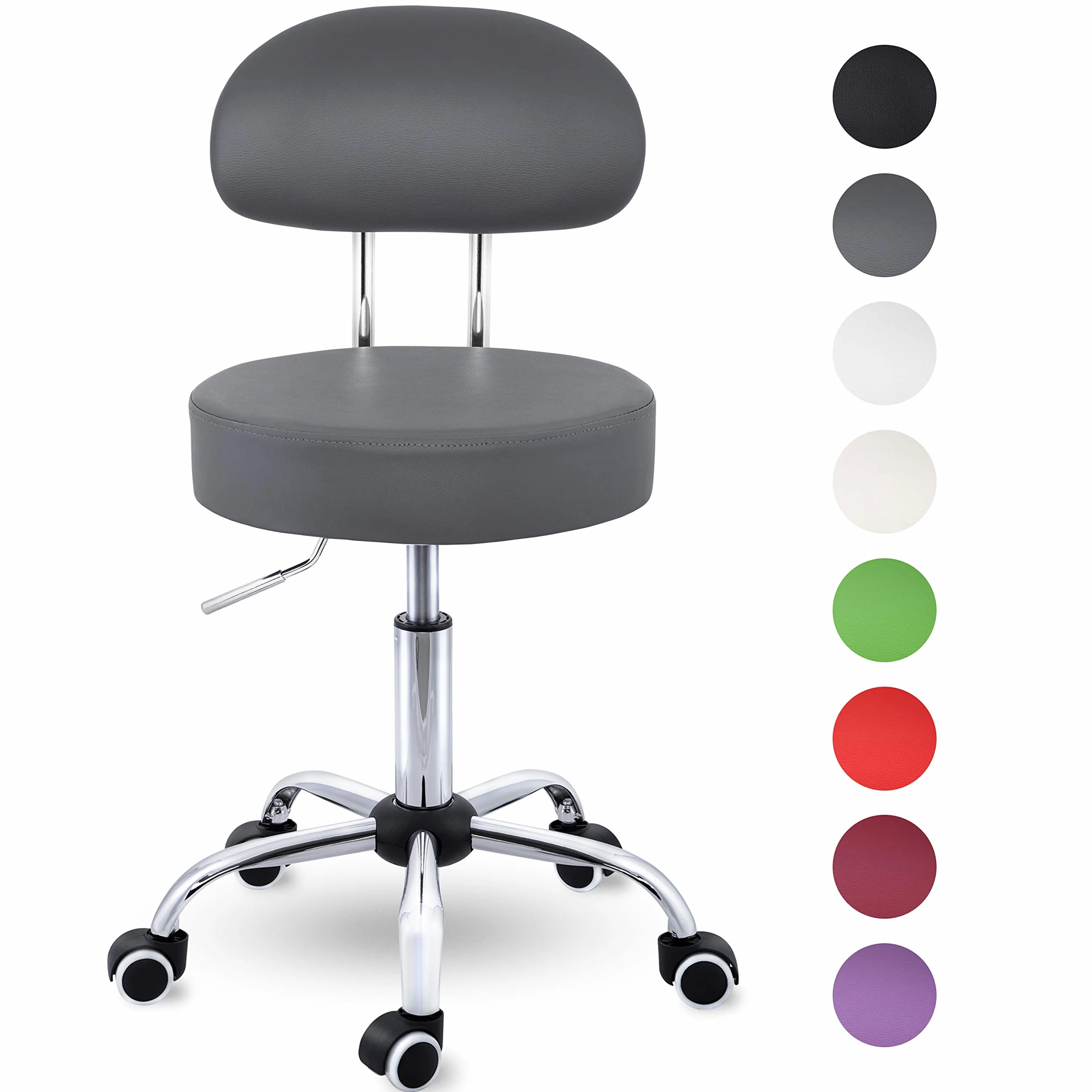 TRESKO® Taboret na kółkach z oparciem, szary, regulacja wysokości 47-60 cm, obrotowy z kółkami, krzesło biurowe, stołek obrotowy