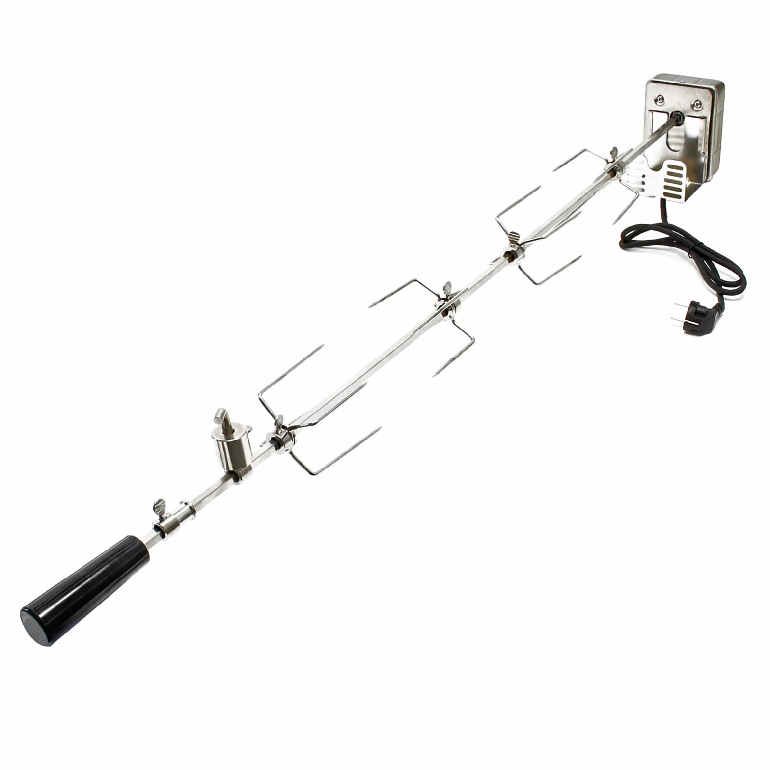 BBQ rożen obrotowy 110cm 230V ze stali nierdzewnej z 4 hakami i przeciwwagą do mięsa na ruszcie