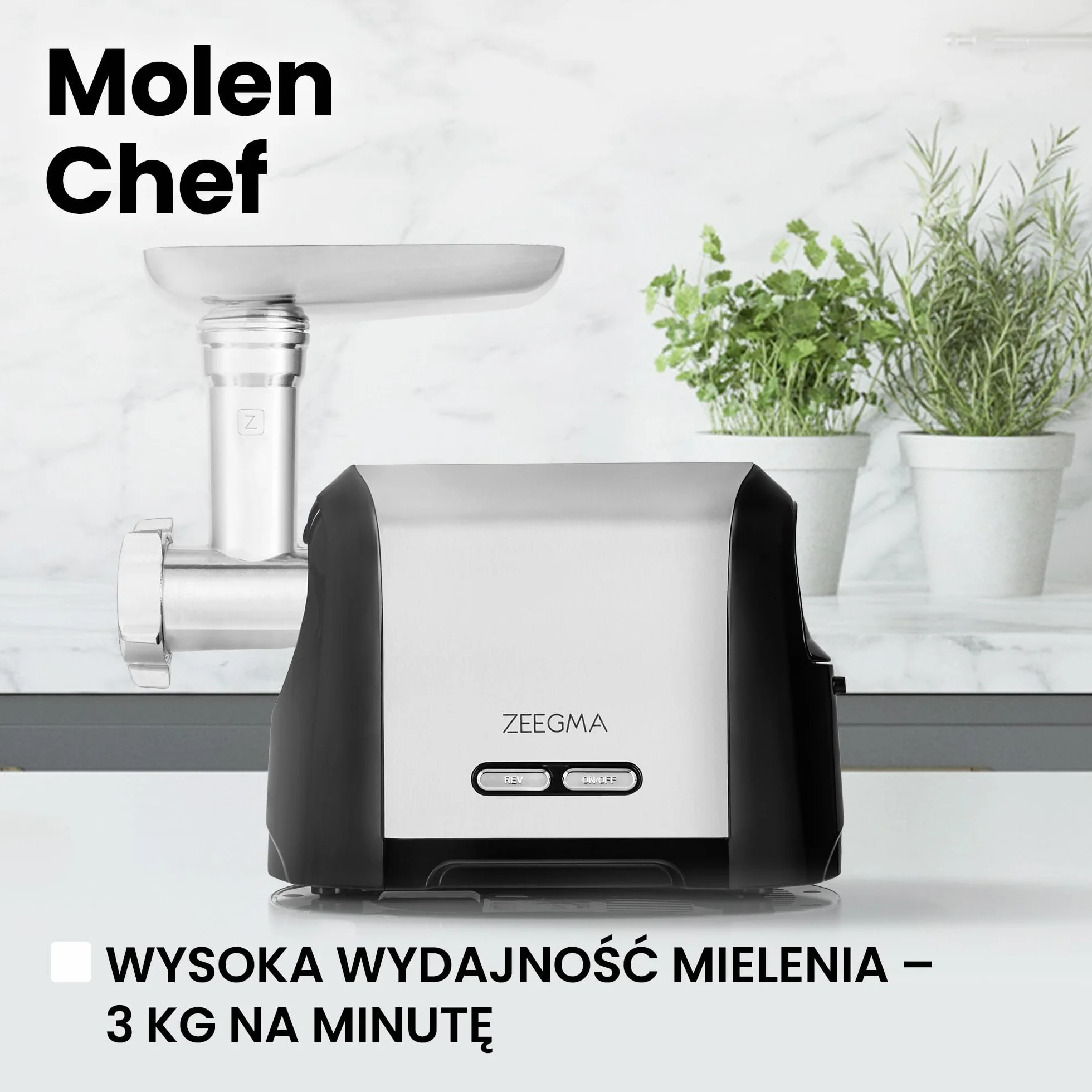 ZEEGMA Molen Chef maszynka do mielenia mięsa, moc 1900W, metalowa taca i obudowa, wydajność 1,8kg/min, 3 dyski, nakładka kebbe, szatkownica warzyw, pojemnik na akcesoria, trzy bębny tnące (Srebrny)