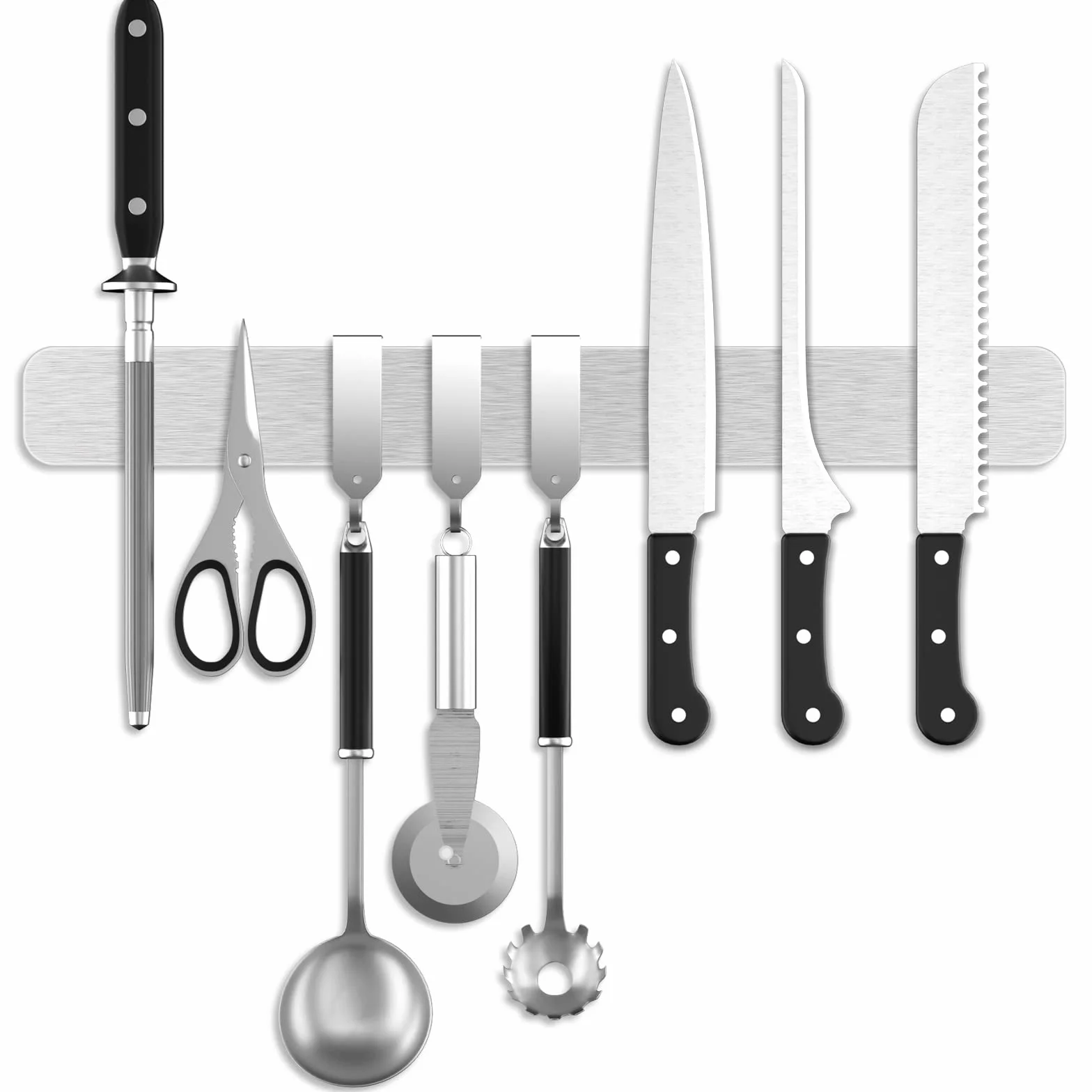 Fohil Listwa magnetyczna na noże, 40 cm, z 3 haczykami, listwa magnetyczna ze stali nierdzewnej, uchwyt na noże, 16 cali, magnetyczna, samoprzylepna, narzędzia kuchenne, łatwy montaż, montaż