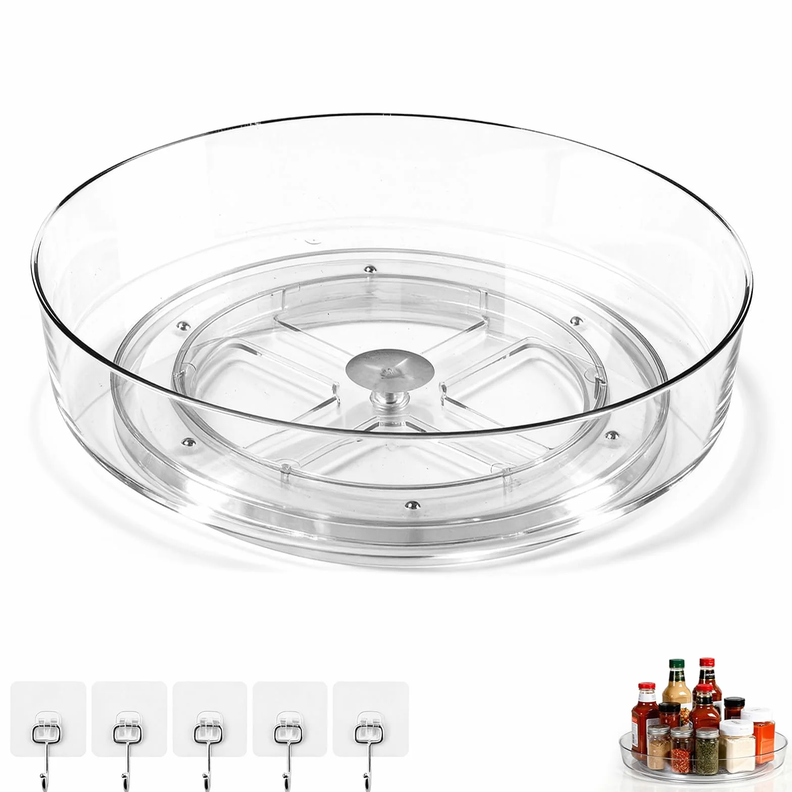 Lazy Susan organizer na talerz obrotowy, 25,4 cm, 1 sztuka, talerz obrotowy 360°, z 5 samoprzylepnymi haczykami, przezroczysty talerz obrotowy do toaletki, przypraw, łazienki