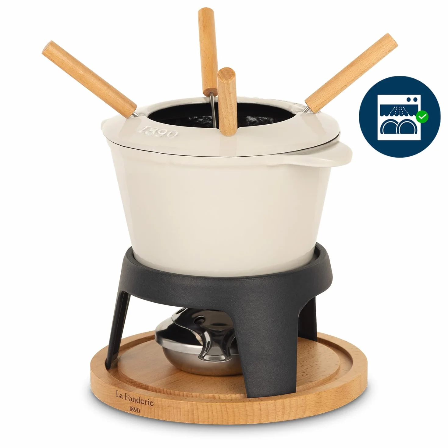 Zestaw żeliwnych Fondue dla 4 osób Mount Joly, do sera i czekolady, pokrywa zapobiegająca rozpryskiwaniu, 4 widelce z uchwytami z drewna bukowego, pojemność 1,2 l