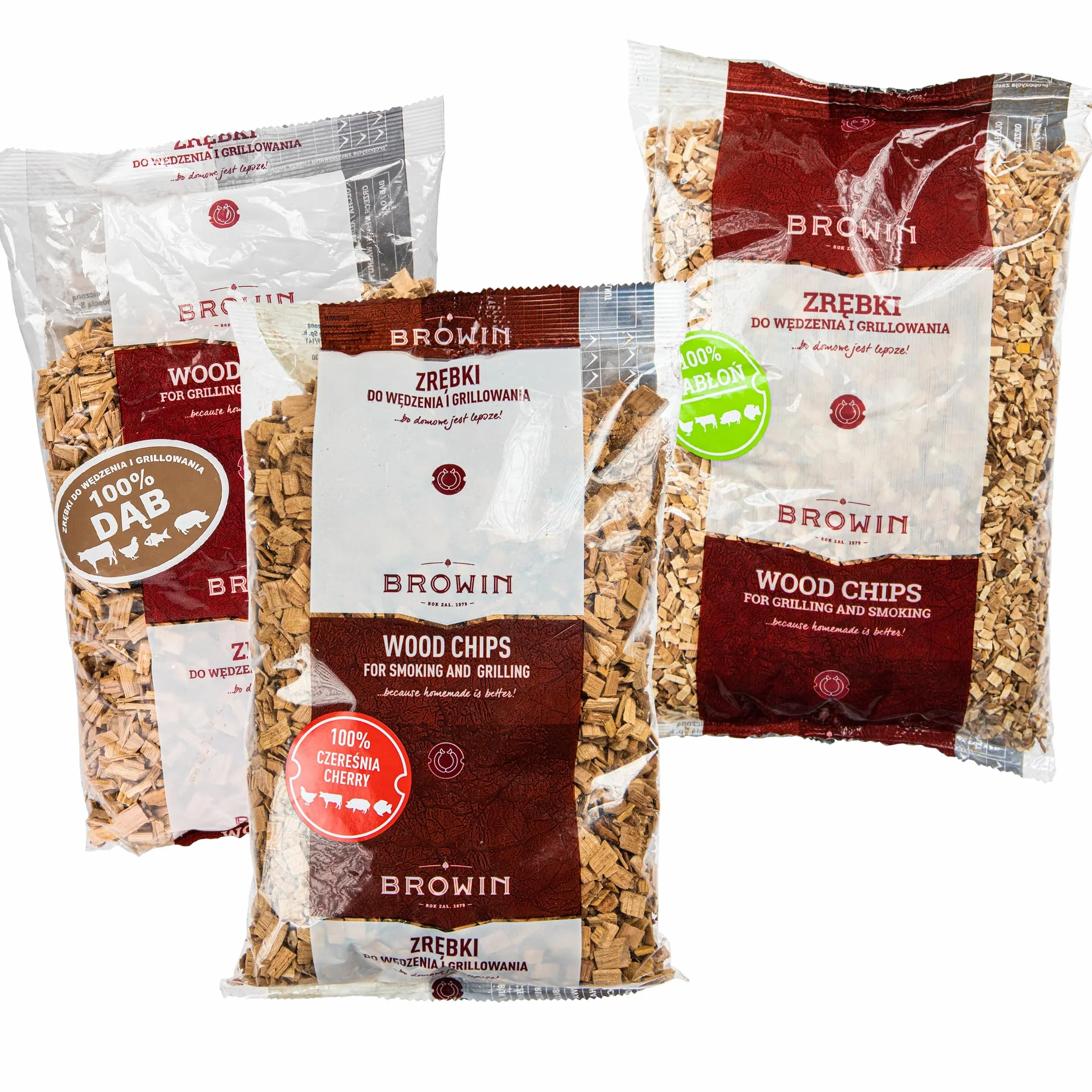 Browin 780820 wióry drzewne do wędzenia i grillowania – zestaw: dąb – 600 g, drzewo wiśniowe – 450 g, jabłoń – 450 g, zestaw naturalnych wiórów do wielu zastosowań