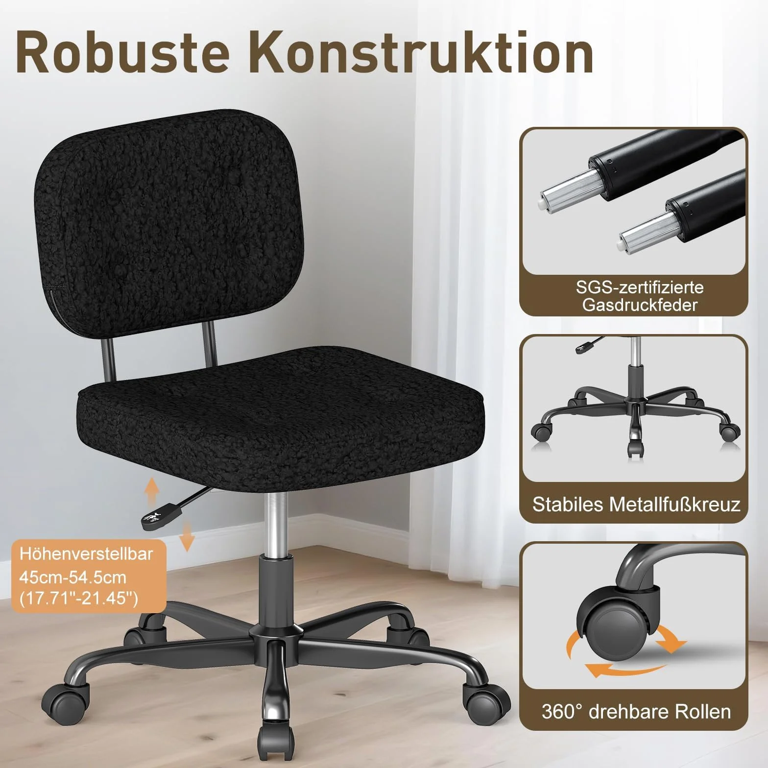 AnyGod Krzesło do biurka bez podłokietników, kompaktowe krzesło obrotowe z kółkami i regulacją wysokości, ergonomiczne krzesło komputerowe do małych pomieszczeń i toaletka, materiał pluszowy, czarny