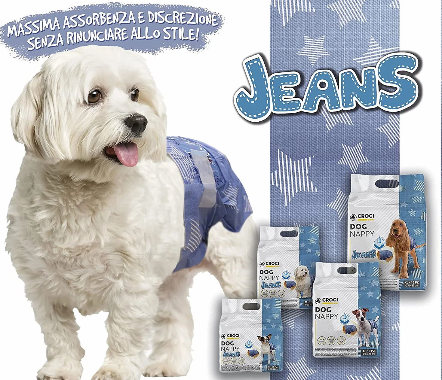 Croci Dog Nappy Jeans Chłonne majtki dla suczek dla psów Rozmiar M - Ø 32-44 cm, higieniczna pielucha dla psa i piesek pipi, antyzapachowe, jednorazowe, regulowane zapięcie samoprzylepne, 12 sztuk
