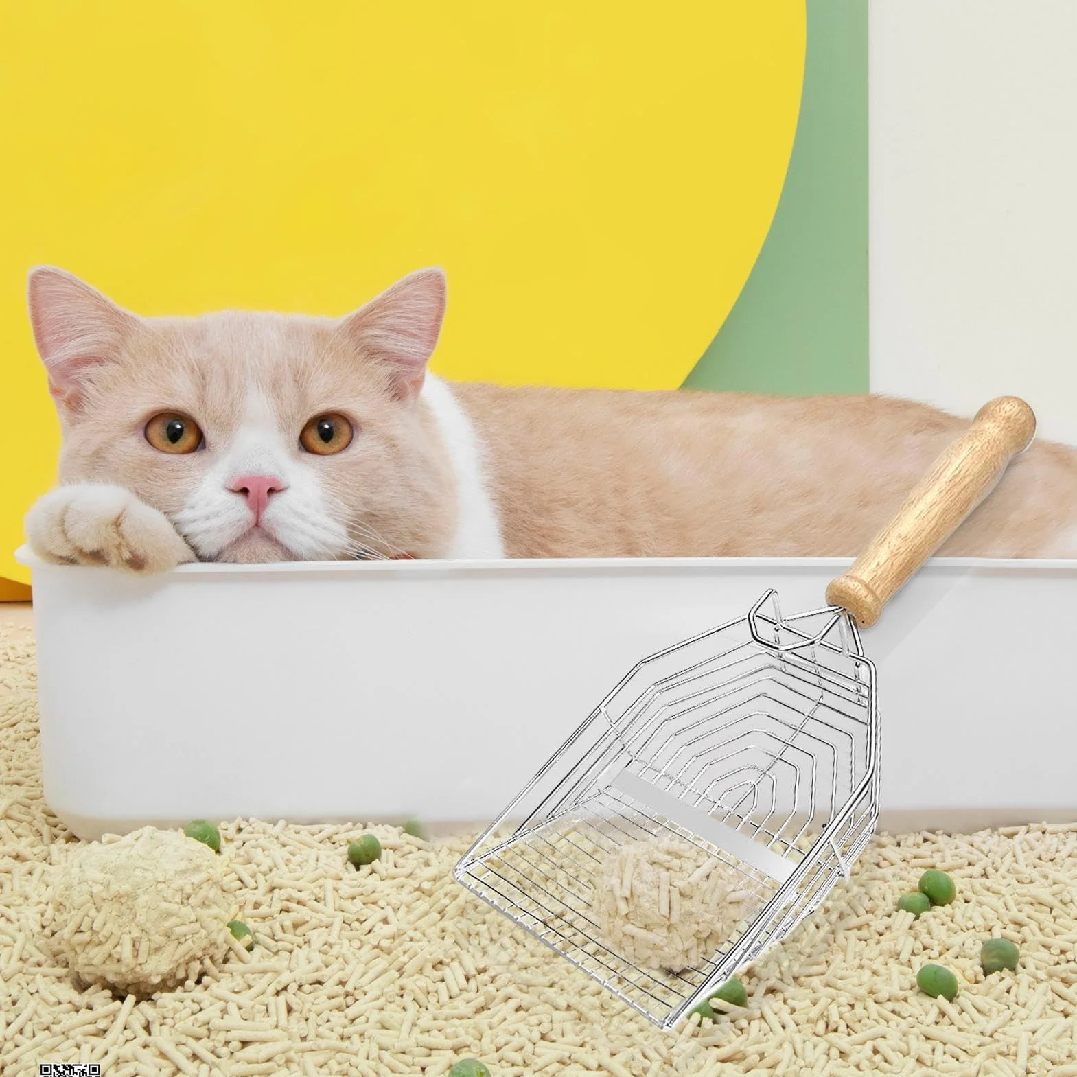 Kitty Scooper Długa rączka Litter Sifter, stal nierdzewna, łyżka do butów dla kota, 11,57 x 4,53 x 2,2 cala, Biały