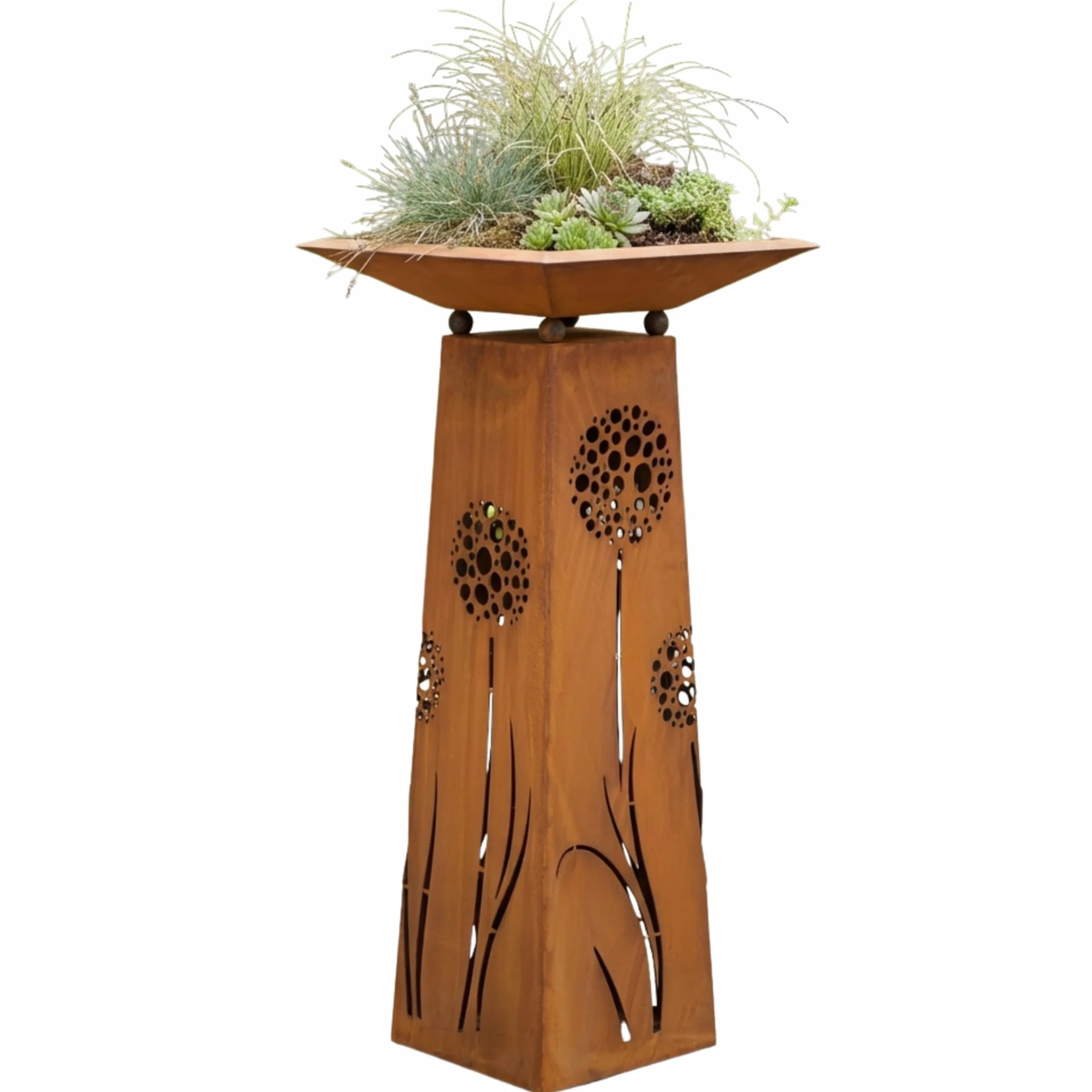 Rostikal | Pflanzsäule Pusteblumen | Gartensäule aus Metall | 1,15 m hoch | mit Schale eckig 50 x 50 cm