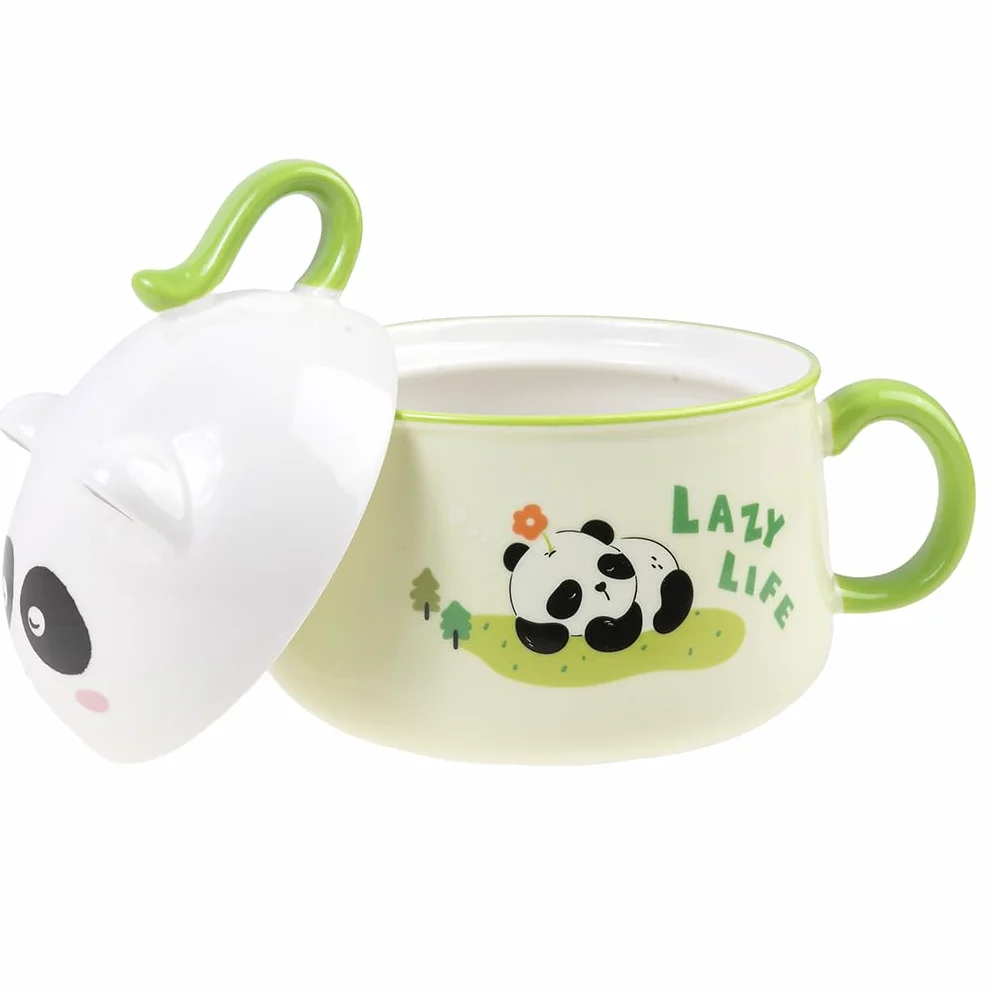 lachineuse - Azjatycka miska Ramen - Porcelana - Wzór Panda - 1020 ML - Z pokrywką i sztućcami - Miska śniadaniowa, Zupa, Ryż, Makaron Instant - Pomysł na prezent Azja Japonia Chiny - Zielony
