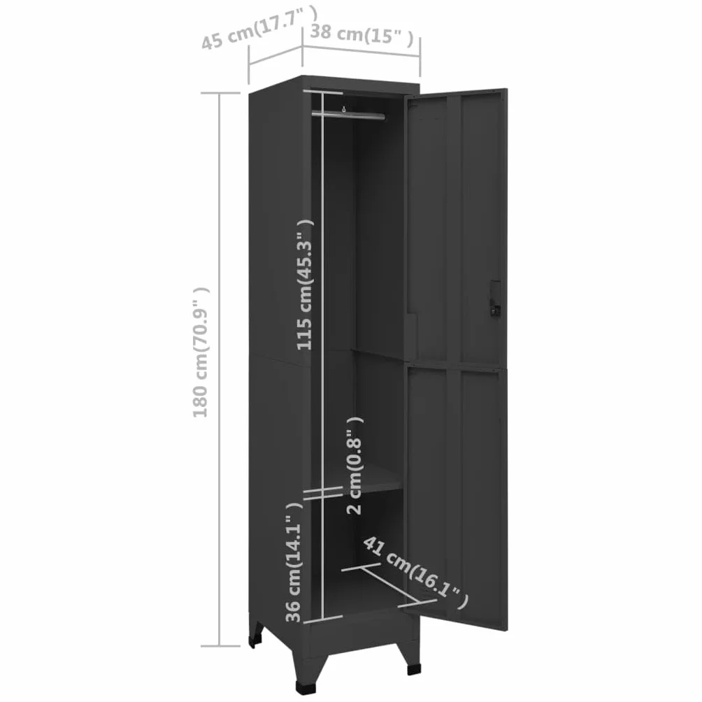 Antracyt zamykana szafa ze stali nierdzewnej 38 x 45 x 180 cm z wieszakiem na ubrania i półką do biura i szkoły, bezpieczeństwo i organizacja, przestronna i wytrzymała