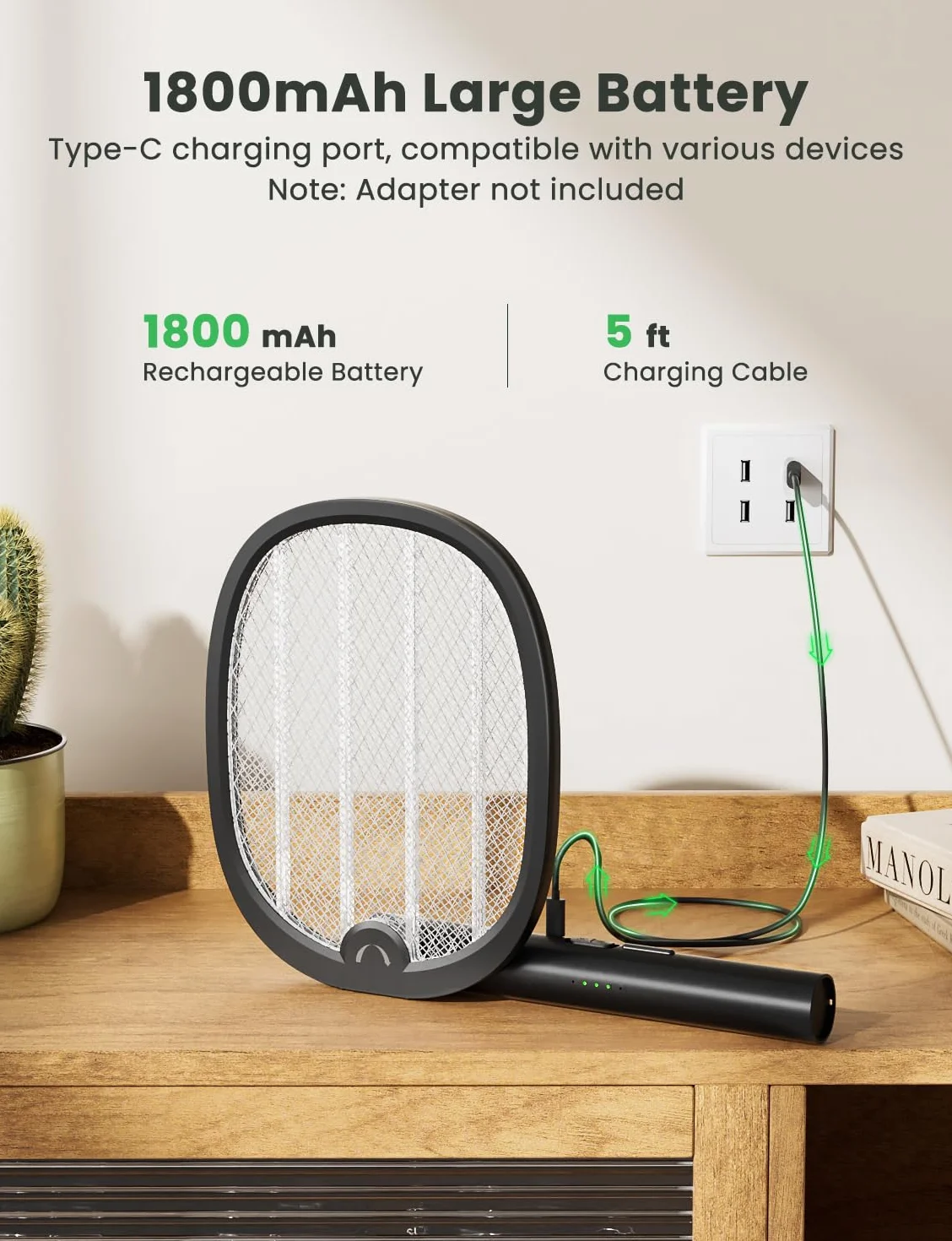 YISSVIC Elektryczna łapka na muchy, ekstra mocna, 4000 V, 1800 mAh, 2 w 1, USB-C do ponownego ładowania, składana, elektryczna łapka na komary z padającym światłem UV,czarny