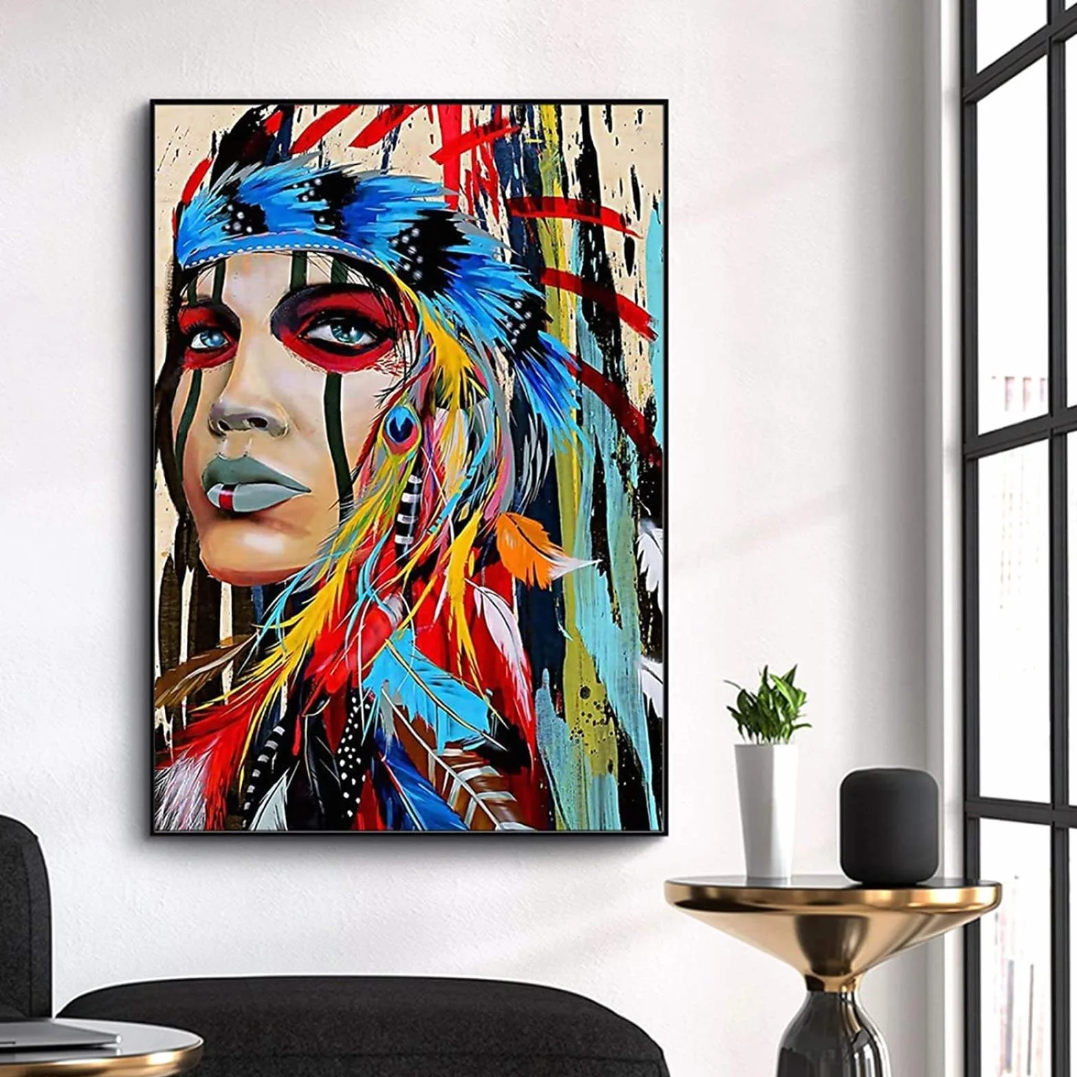Malarstwo indiańskie indyjskie płótno sztuka ścienna Indianie kobieta dziewczyna kolorowe pierzaste nadruki obraz na płótnie grafika dekoracja ścienna obraz bez ramki 50 × 70 cm