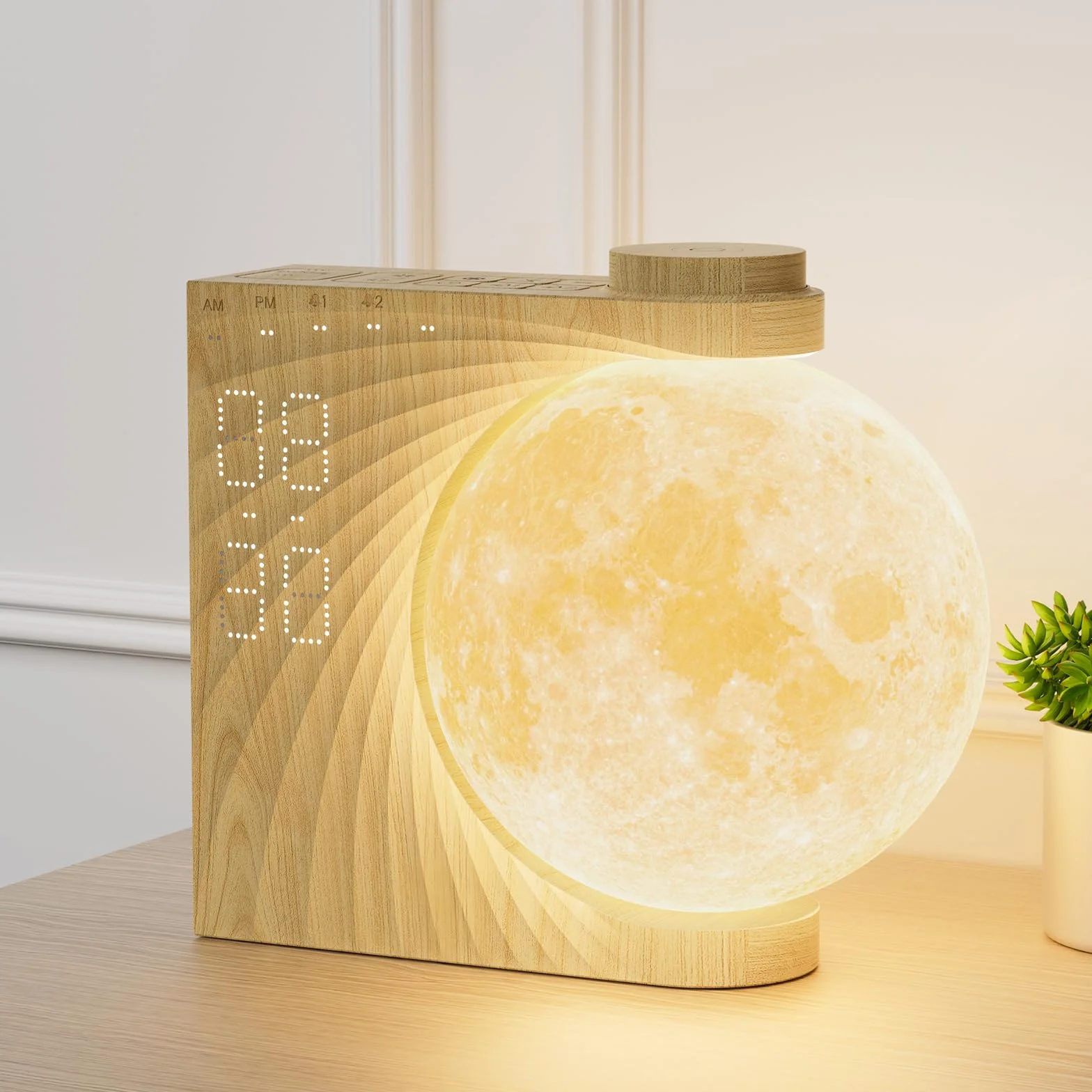 RETEYUNG Lampa księżycowa 3D z automatyczną rotacją, budzik dziecięcy z 8 kolorami RGB, światło księżyca, budzik ze światłem dziennym z 10 naturalnymi dźwiękami, prezent dla kobiet, dziewcząt i