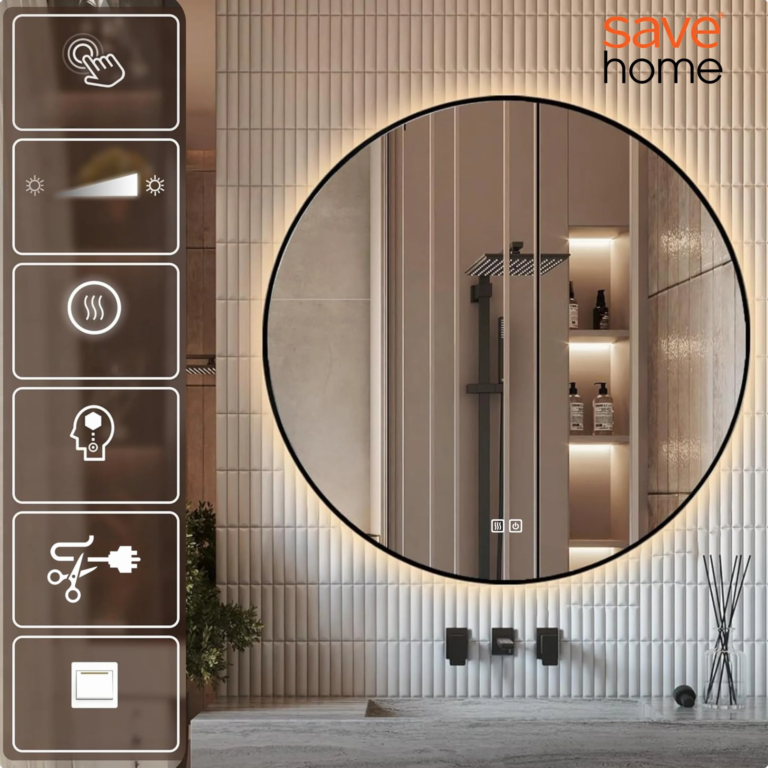 Lustro ścienne łazienkowe okrągłe 60 cm LED Podświetlane z RAMĄ LOFT ANTI-FOG 3 barwy światła Lustro z Regulacją Barwy i Jasności - Pamieć ustawień - IP44 – duże nowoczesne do Łazienki Toaletki Salonu