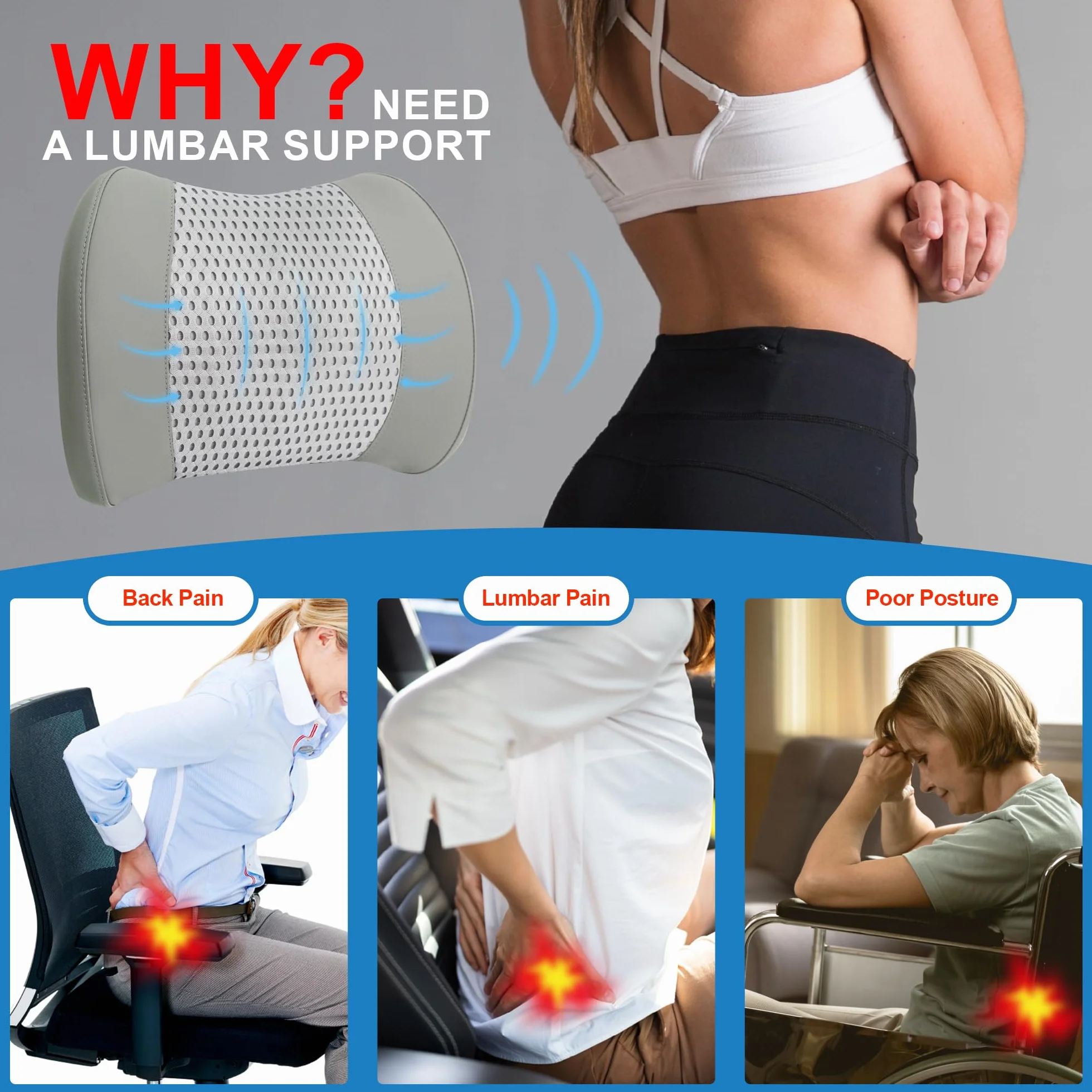 Lofty Aim Memory Foam Lumbar Support Cushion Relieves Lower Back Pain for Car, Office Chair, and Wheelchair Use, 4D Mesh Cover, Gray