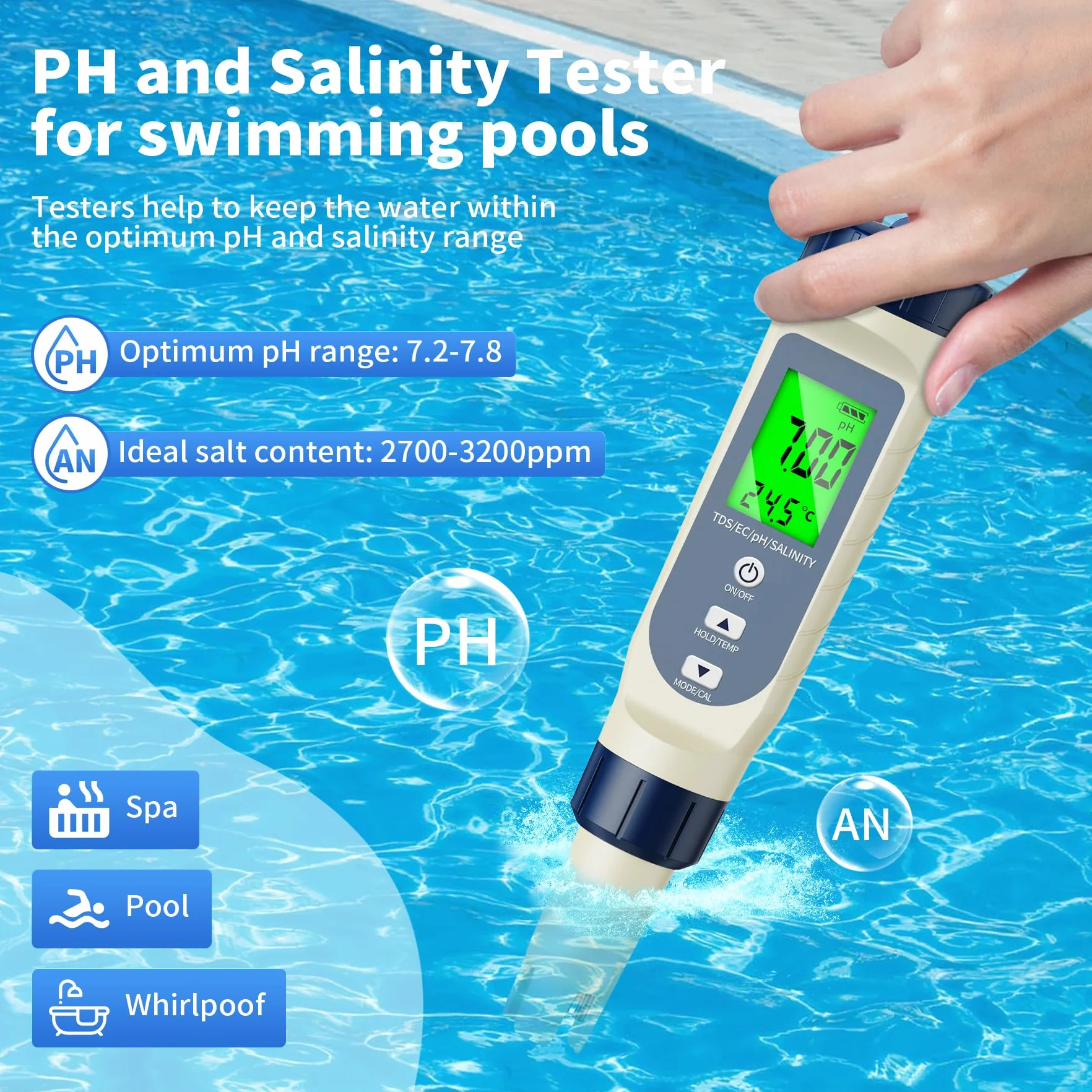 5 w 1 tester jakości wody do basenu, tester pH z wyświetlaczem cyfrowym, tester TDS/EC/zawartości soli/temperatury/pH, do wody pitnej, basenów, akwariów, upraw hydroponicznych