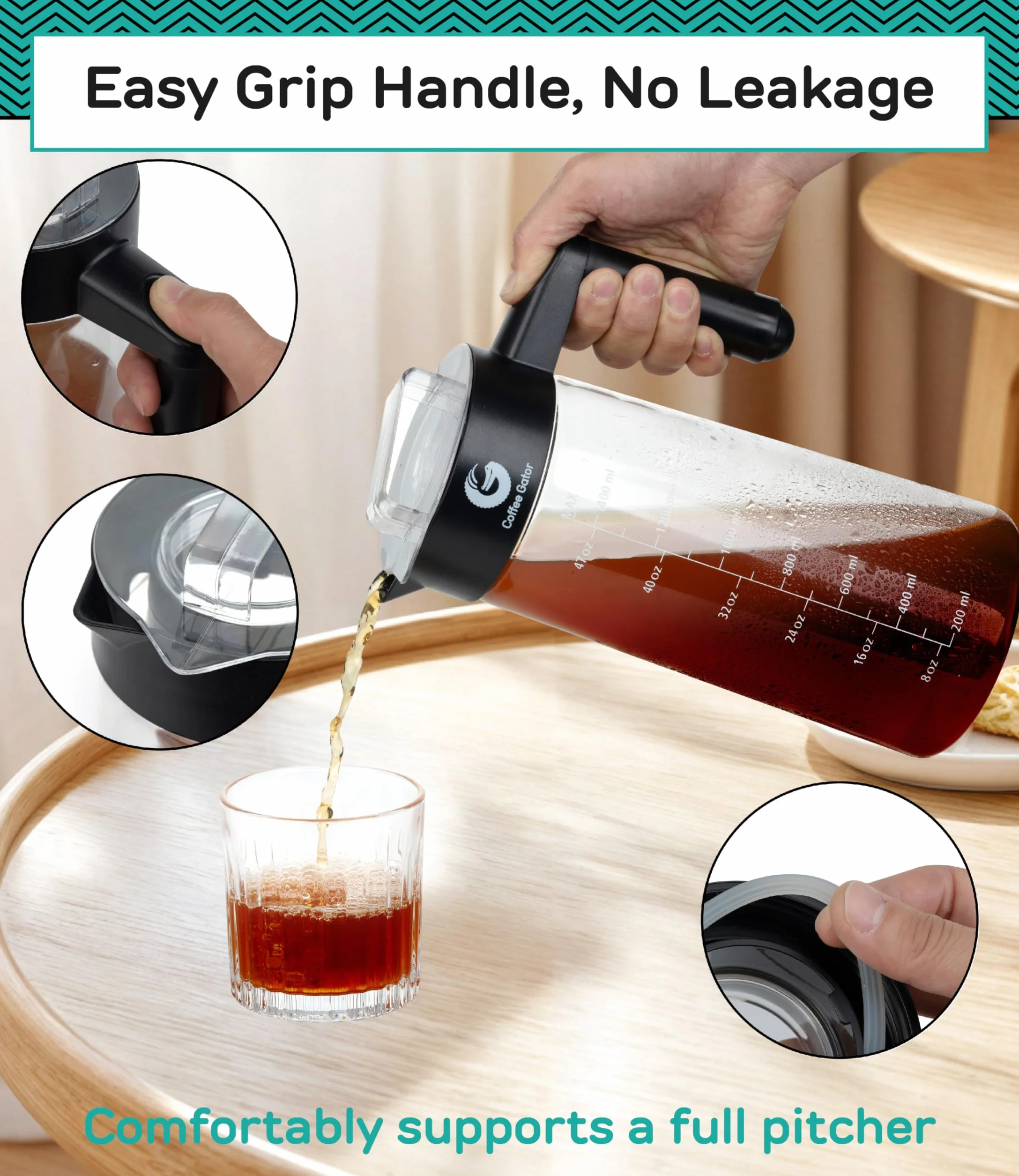 Coffee Gator Ekspres do kawy Cold Brew, filtr bez BPA i szklana karafka, zestaw do parzenia z miarką ze stali nierdzewnej i składanym lejkiem załadunkowym, czarny, 1,4 l