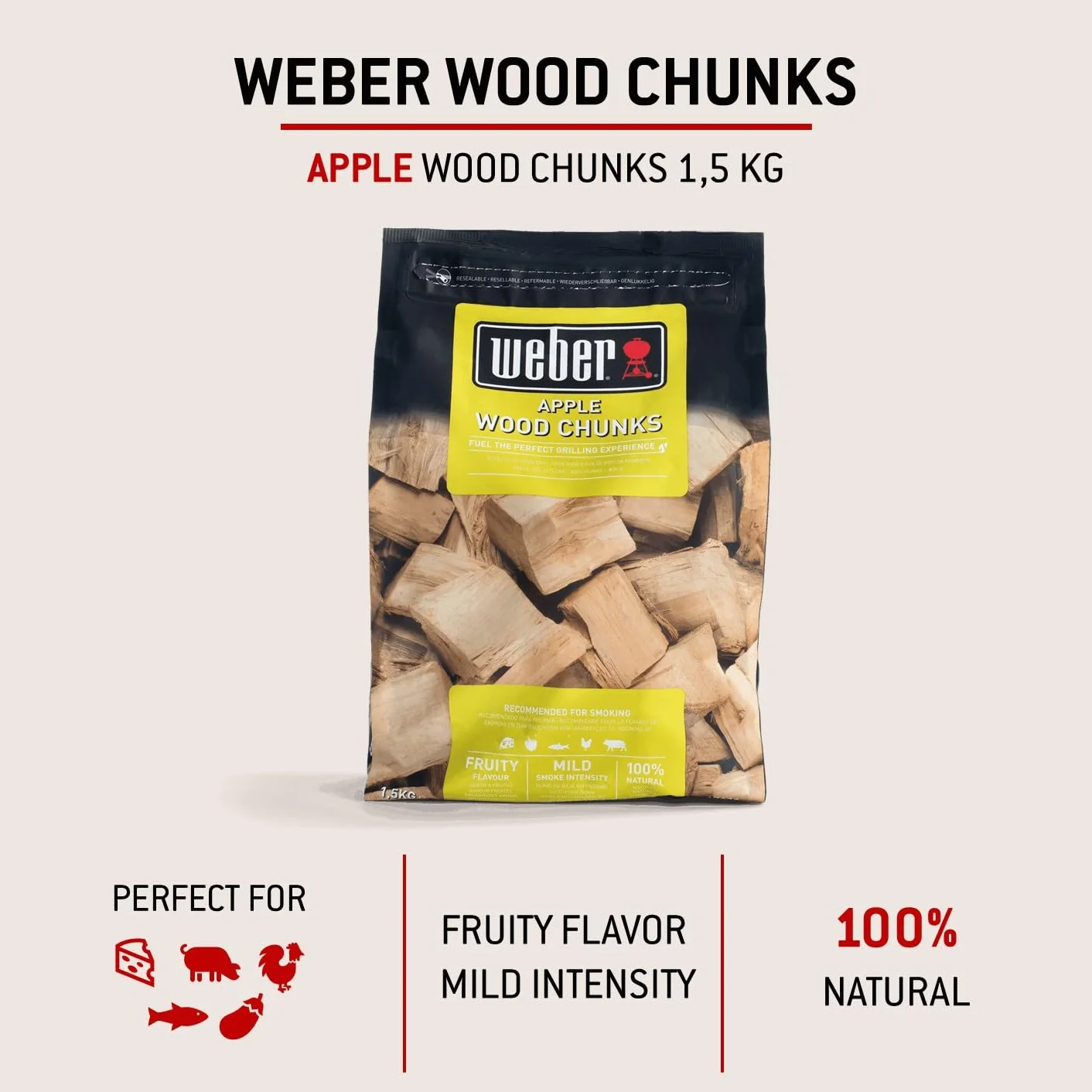 Weber Kawałki Drewna z Jabłoni (Opakowanie 1,5kg) - do wędzenia sera, warzyw, ryb, drobiu i wieprzowiny, delikatny, słodki aromat, produkt UE, pozyskiwany w sposób zrównoważony (17616)