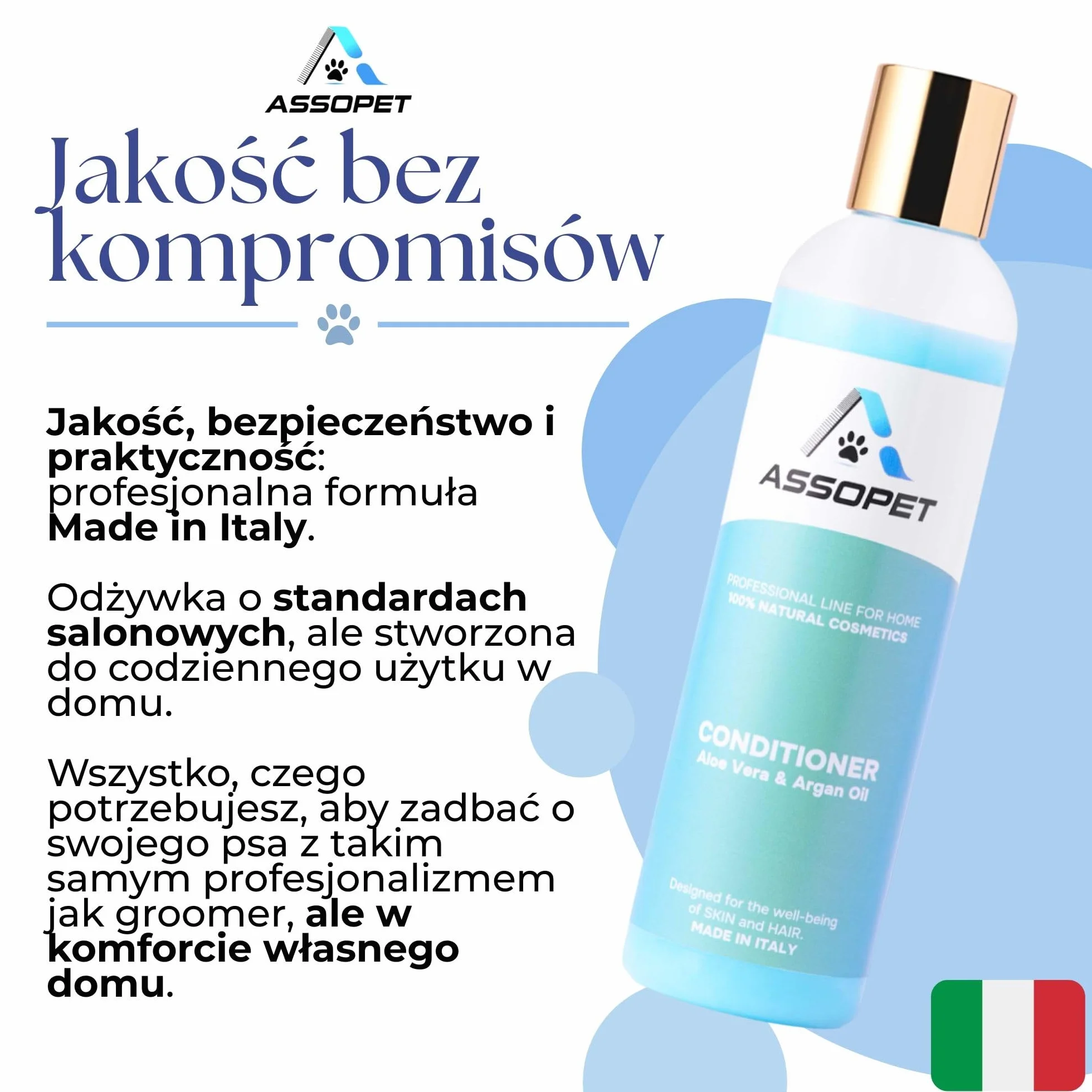 Odżywka dla Psów 250ml – ASSOPET – Naturalna Odżywka z Bio Olejem Arganowym i Bio Aloesem – Zmiękczająca, Rozplątująca i Nabłyszczająca – Bezpieczna, Delikatna, Wegańska, Made in Italy