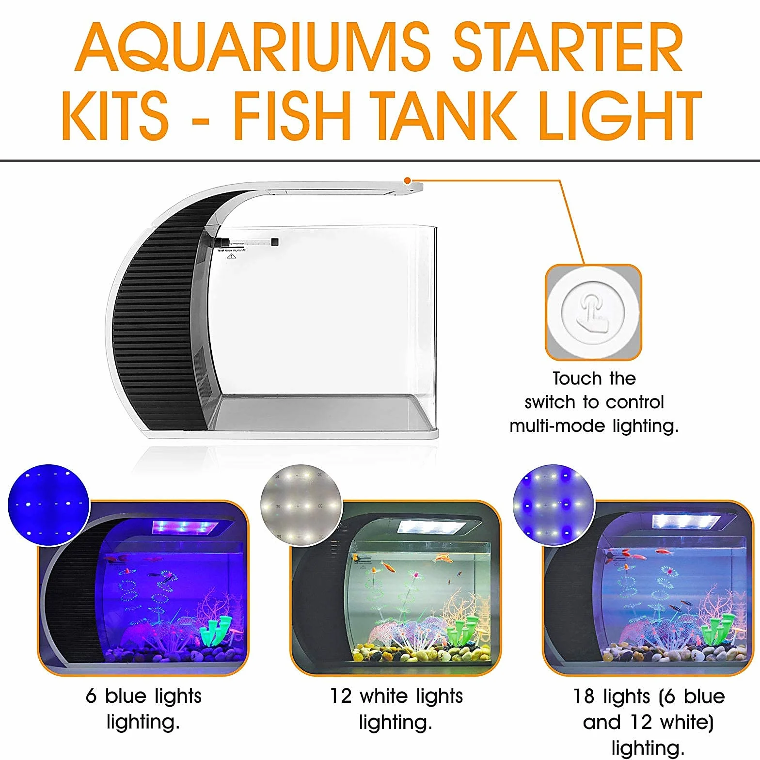 hygger Zestaw szklanych akwariów LED Fish Tank19 litrów, akwarium panoramiczne, zakrzywiona przednia szyba z ukrytym filtrem, oświetlenie LED (3 tryby kolorów do wyboru)