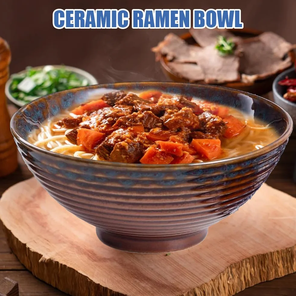 Miseczki do ramen 1200 ml, ceramiczne miski na zupę, 20 cm, miski do sałatek, miski do serwowania, miski na musli, niebieskie retro, z pałeczkami i łyżeczką, do kuchenki mikrofalowej, zmywarki i