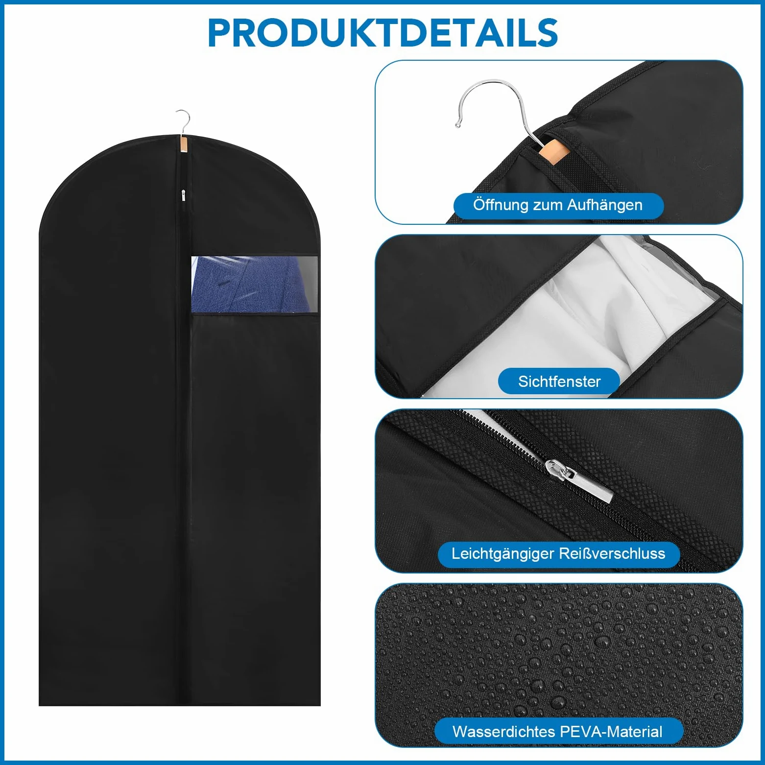 Dntorx Worki na ubrania, 2 sztuki, 60 x 120 cm, czarne, z zamkiem błyskawicznym | Peva, odporna na kurz i wilgoć, okienko, składana, do garniturów, kurtek i sukienek