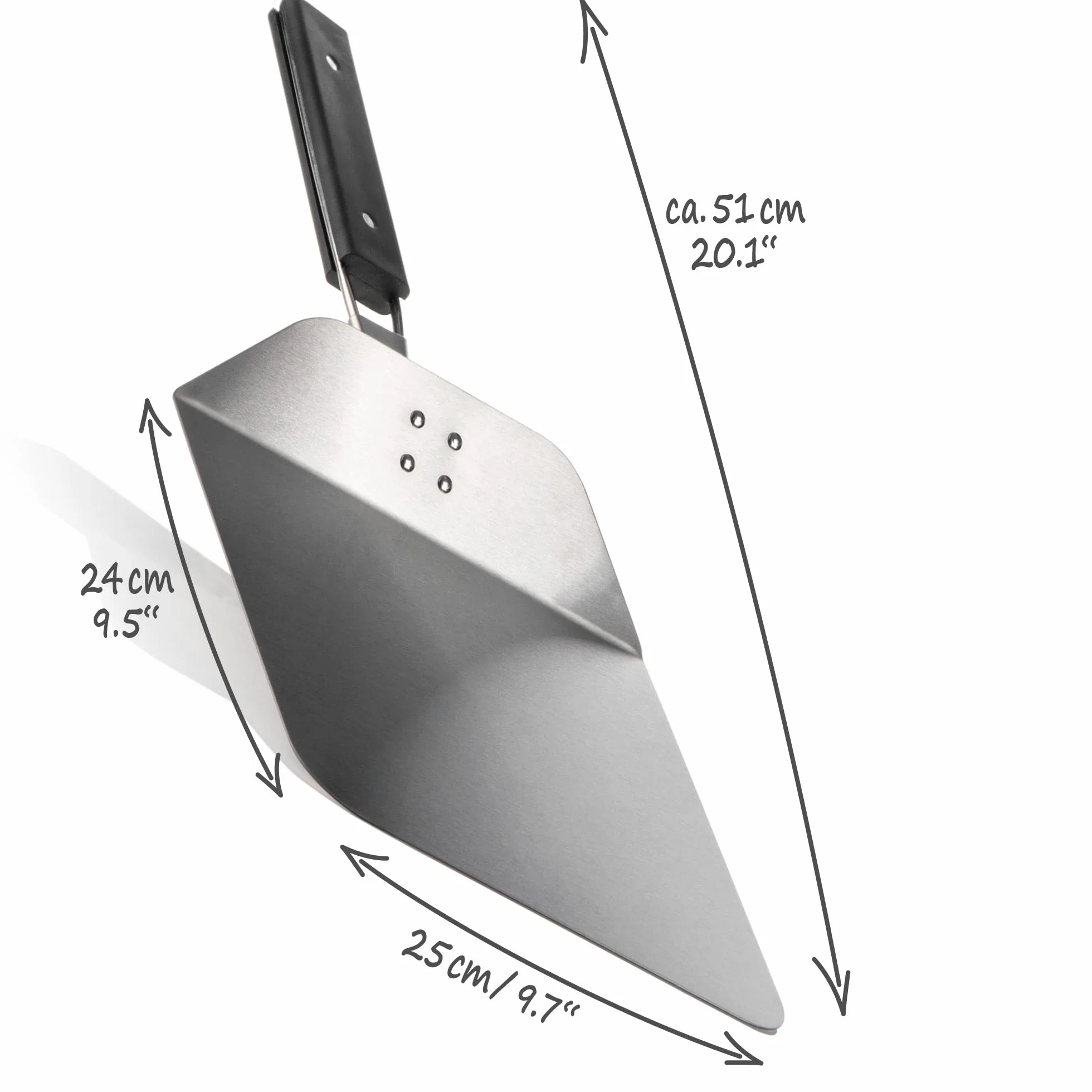 COM-FOUR® skórka do pizzy wykonana ze stali nierdzewnej 430 - podnosnik do pizzy i ciast z drewnianym uchwytem - skórka do pizzy do pizzy, tarte - skladany uchwyt (srebrny/czarny - kanciasty)