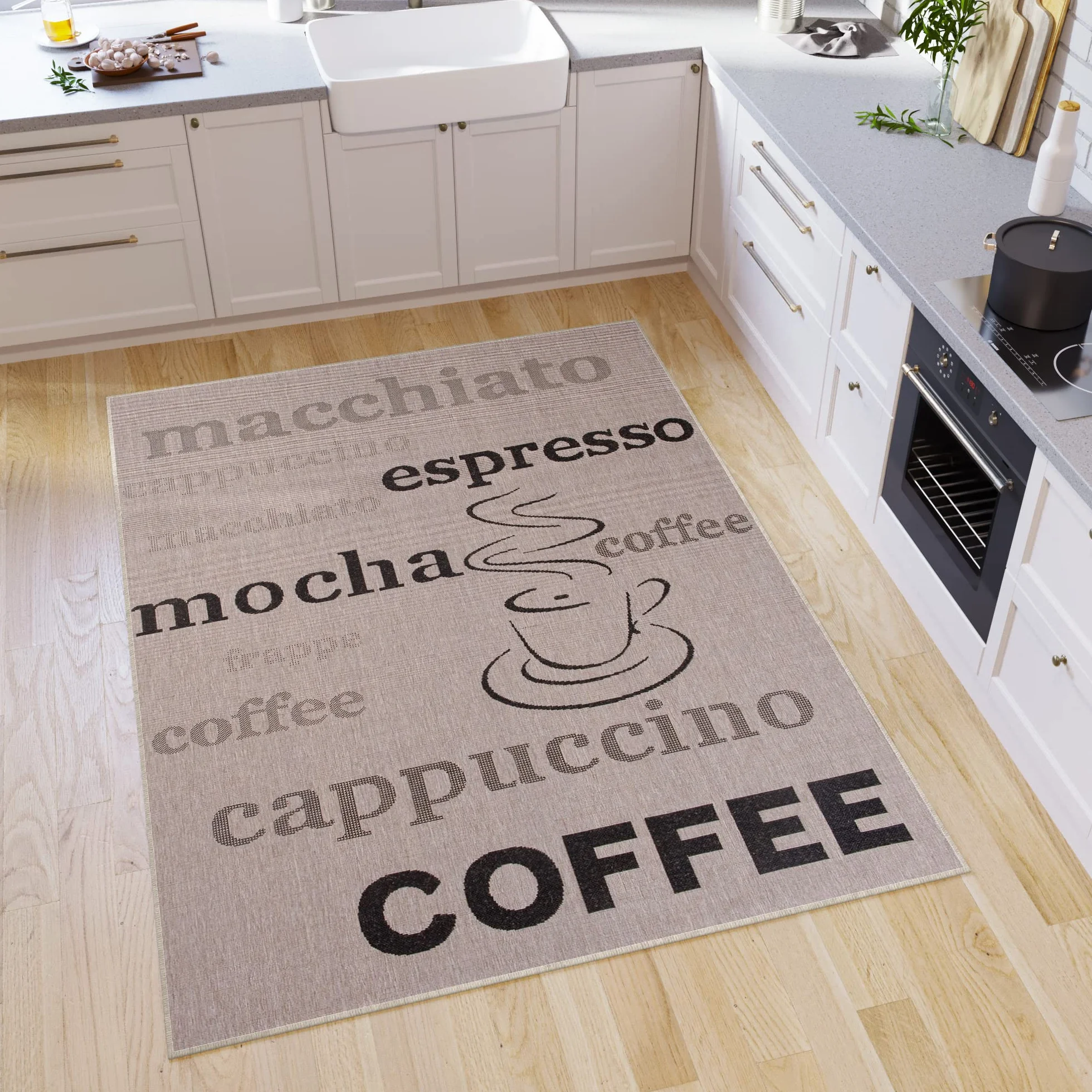 Tapiso FLOORLUX dywan o wyglądzie sizalu, tkanina płaska szara, srebrna, nowoczesne litery, kawa, do salonu, kuchni, do wnętrz, 200 x 290 cm