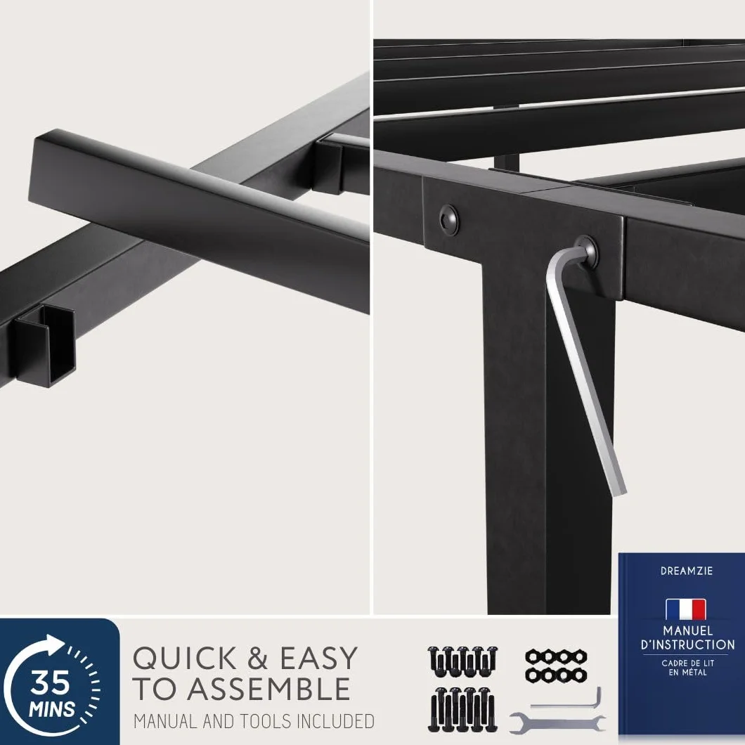 Rama łóżka Dreamzie 140x190 - Łóżko metalowe z zagłówkiem - Wysokość 35 cm - Łatwy montaż i przestrzeń do przechowywania