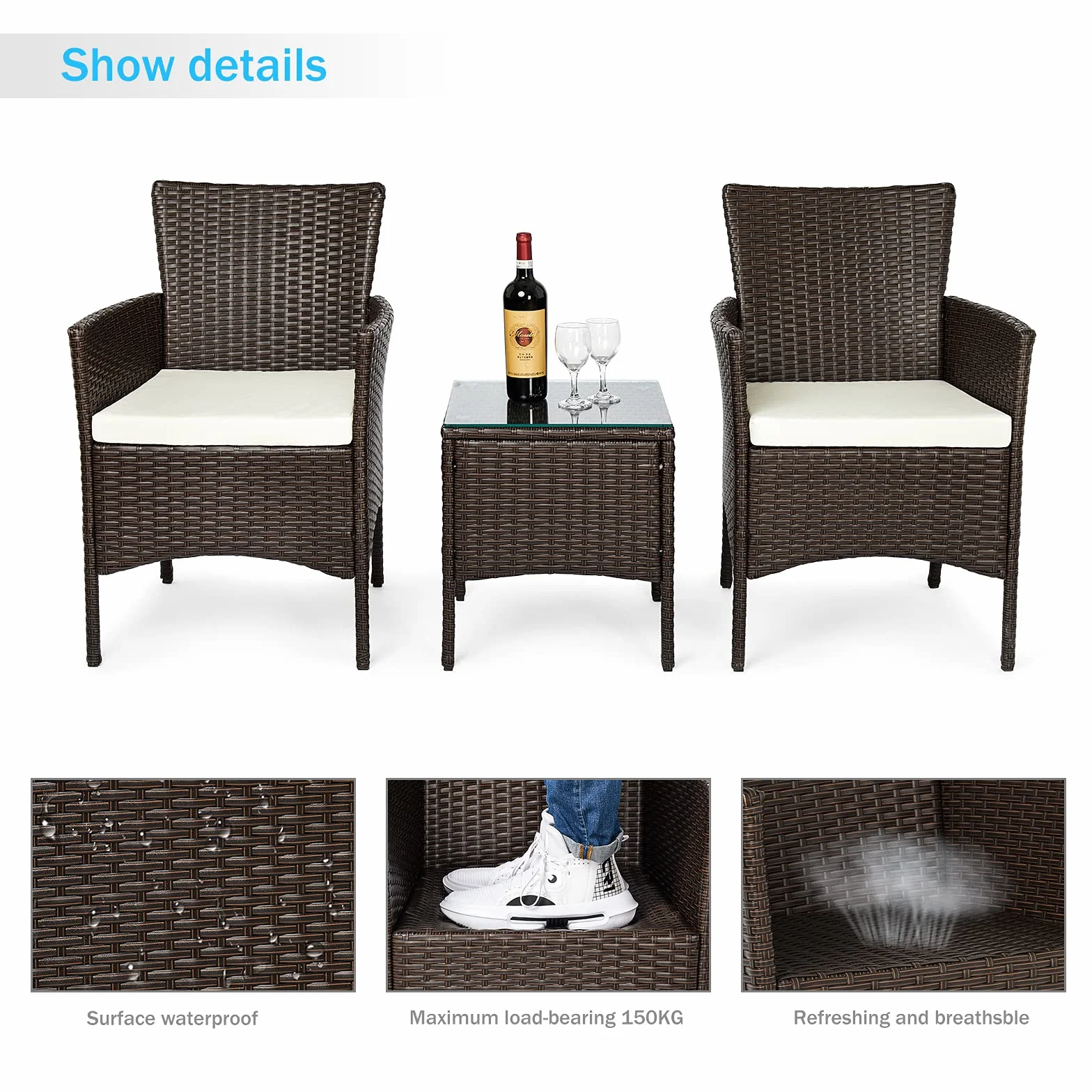 IntimaTe WM Heart Zestaw mebli ogrodowych, 3-częściowy, rattanowy zestaw mebli ogrodowych, balkon, zestaw mebli ogrodowych, całkowicie ręcznie tkany, bistro, kawiarnia, balkon, zestaw mebli