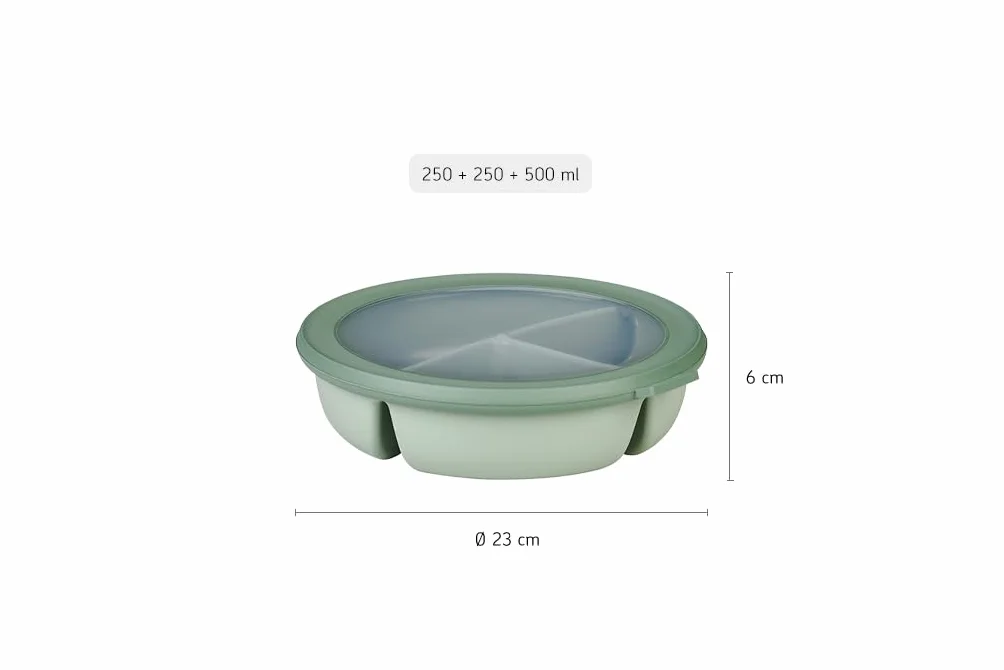 Mepal, Miska Bento, 3-Komorowa Okrągła Miska Cirqula, Hermetyczny Pojemnik do Przechowywania Żywności, Przegródki, Pojemniki na Żywność, 250 Ml, 250 Ml i 500 Ml, Szałwia Nordycka