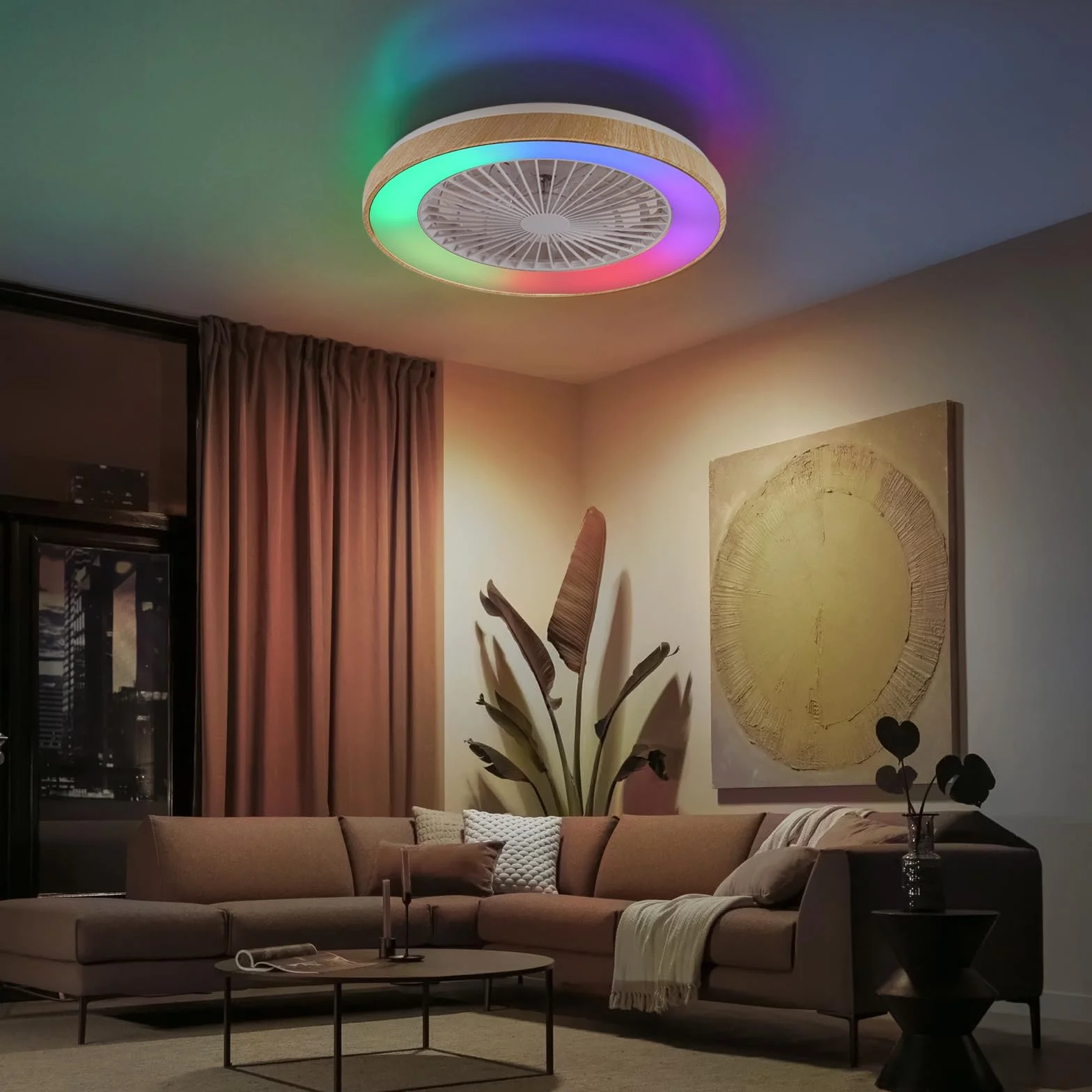 Wentylator sufitowy z oświetleniem do sypialni, Ø 48 cm, cichy silnik DC 20 W, pilot zdalnego sterowania, 6-biegowy, nowoczesna lampa sufitowa LED 40 W z wentylatorem, RGB, możliwość ściemniania, 3000