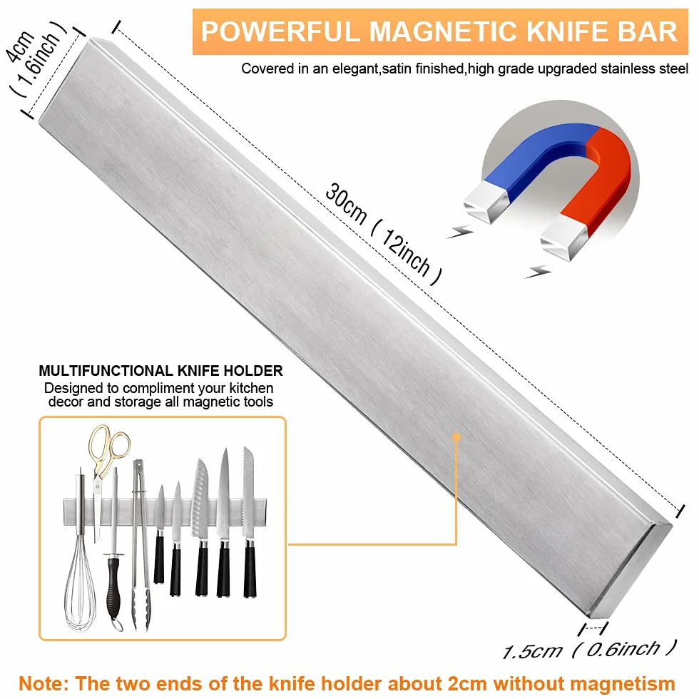 Ninonly Magnetyczny uchwyt na noże do ściany, 30 cm, magnetyczny pasek na noże do noży, samoprzylepny lub wiertniczy, mocny, magnetyczny stojak na noże ze stali nierdzewnej, bezpieczne i łatwe