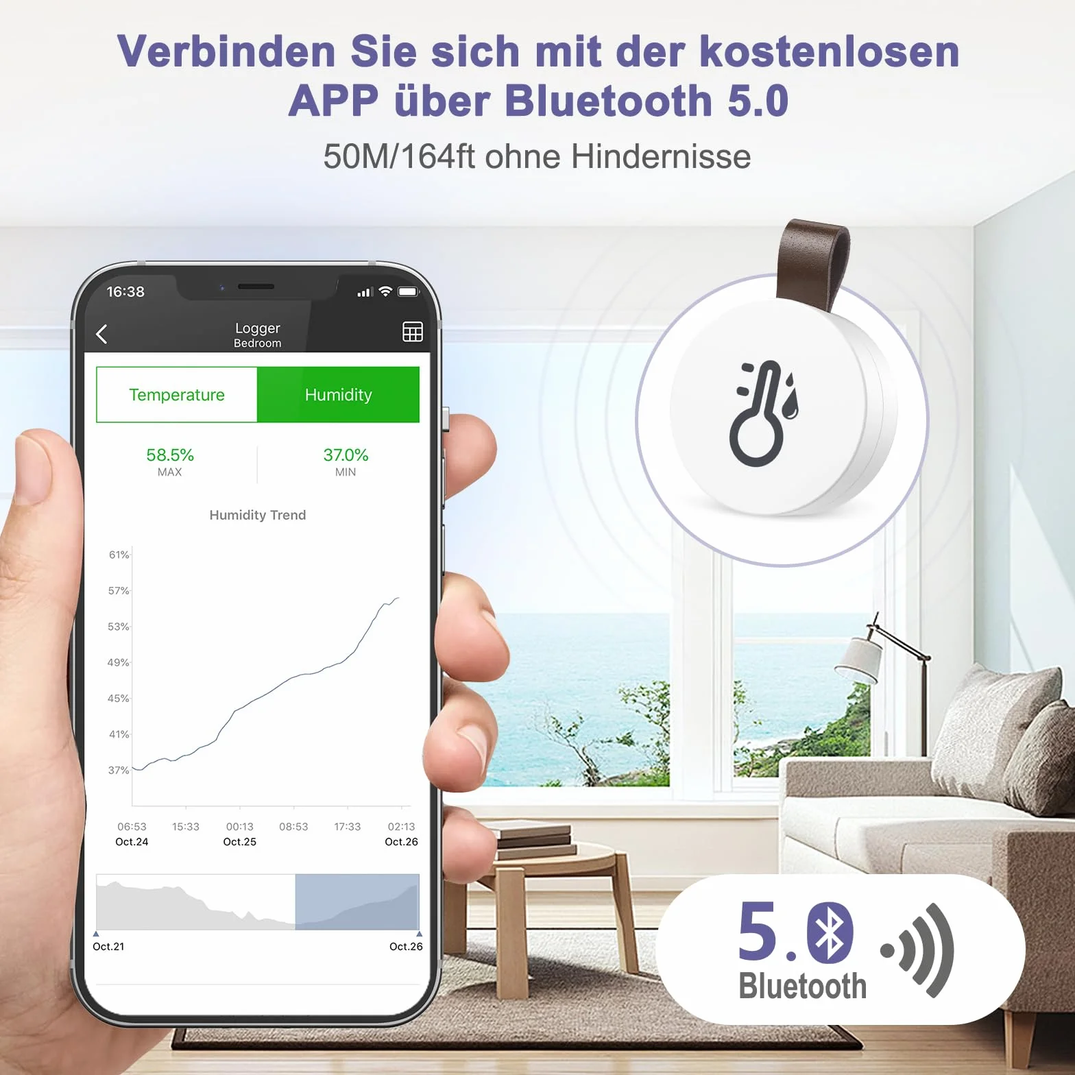 Termometr Bluetooth Higrometr, miernik temperatury i wilgotności powietrza z aplikacją i przechowywaniem danych, cyfrowy czujnik temperatury i wilgotności do domu, szklarni, piwnicy na wino, 1