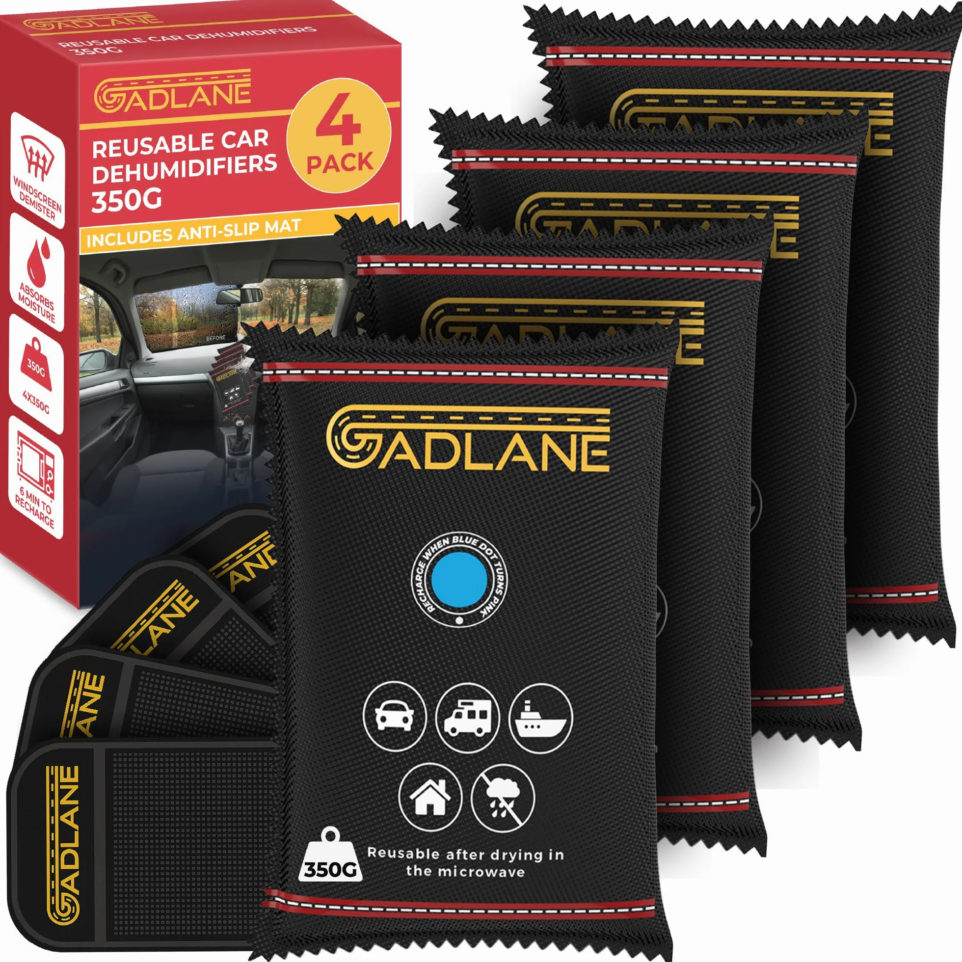 GADLANE Osuszacz samochodowy wielokrotnego użytku, 350 g, 4 sztuki, pochłaniacz wilgoci z deską rozdzielczą, antypoślizgowa mata, eliminuje zamgloną przednią szybę