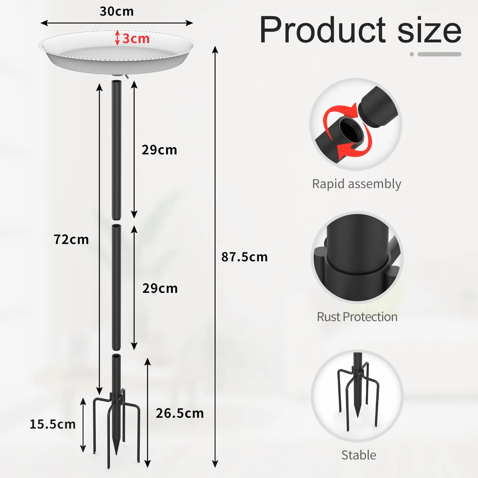 EFUTURETIME Poidło dla Ptaków Stojące z Metalu, φ 30 x 90 cm, Duży Pojemnik na Karmę z Regulacją Wysokości, Mrozoodporne, Białe