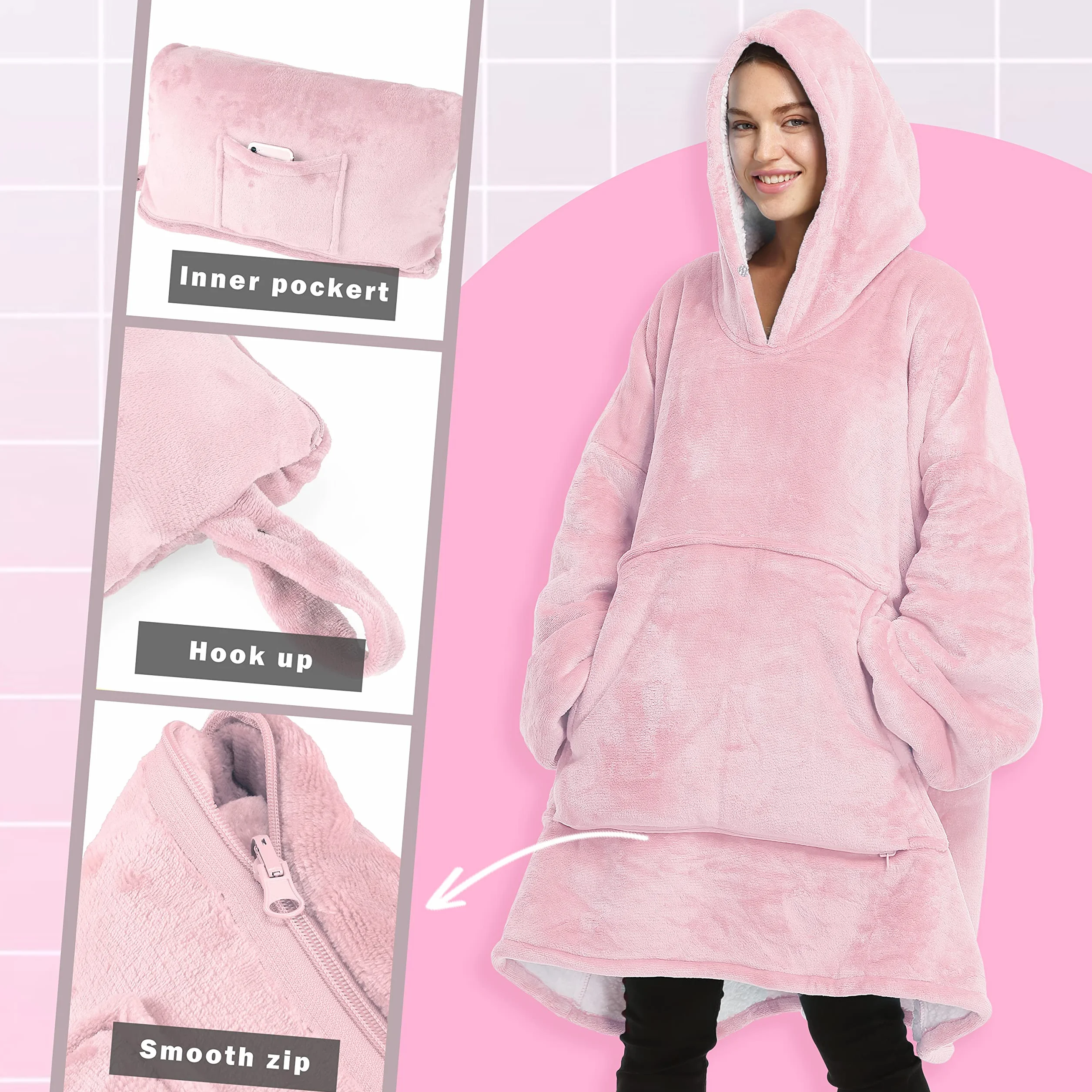 Sherpa ponadwymiarowy koc z kapturem Katalonia, duża bluza z kapturem, miękki i ciepły koc z przodu kieszeń dla dorosłych, kobiet, mężczyzn, różowy