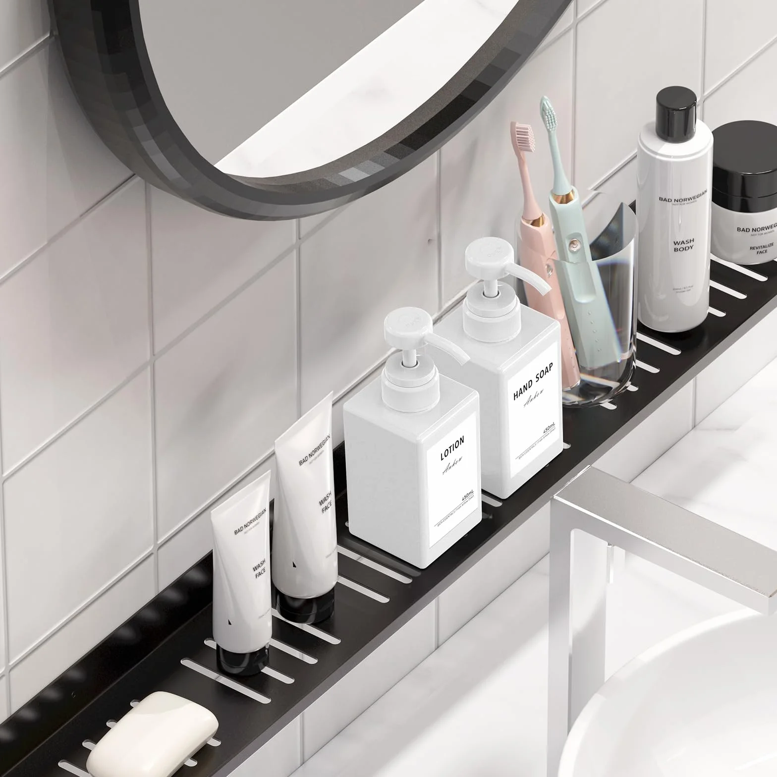 3 szt Dozownik do Mydła na Ścianę, Dozowników Mydła 450ml Plastikowy Dozownik Szamponu żel pod Prysznic Dozownik Mydła do rąk i 12 Sztuk Wodoszczelnych Etykiet na Butelki - Biały