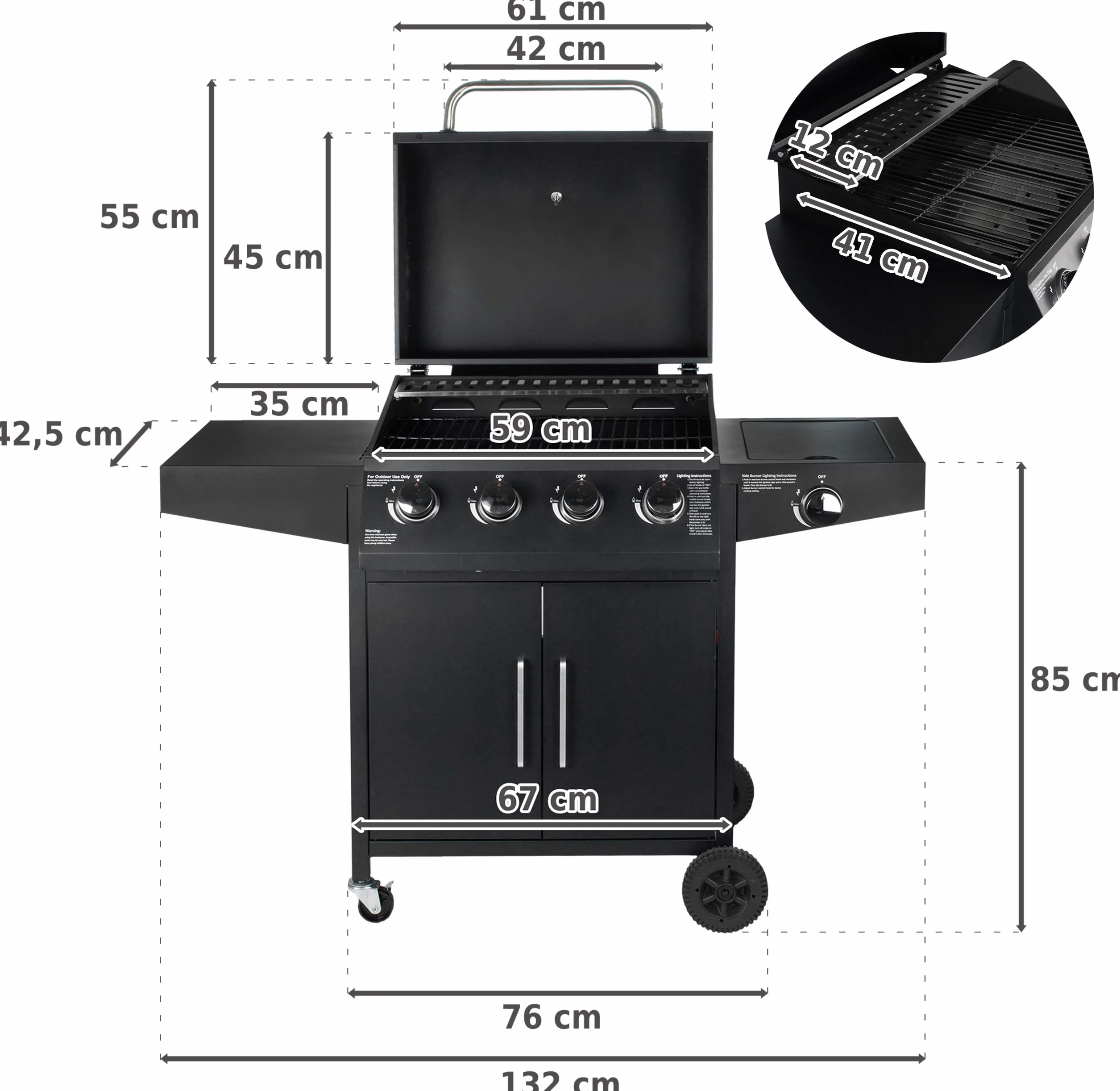 GrillMaster Grill Gazowy PartyTogether 4+1 + Pokrowiec, Ogrodowy, Na Gaz, z Termometrem, z Kółkami, z Dodatkowym Palnikiem