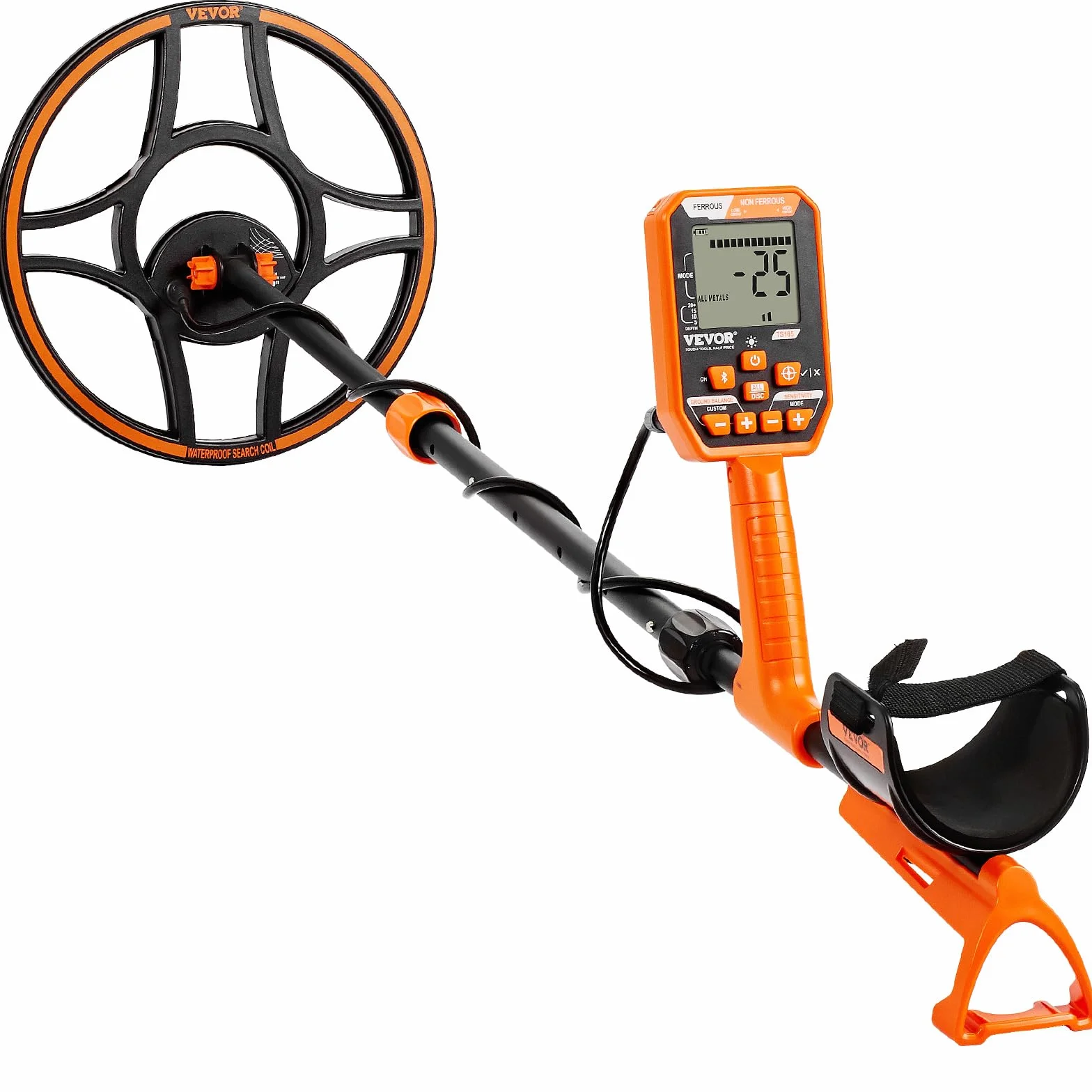 VEVOR Wykrywacz metali Cewka wyszukiwania 30,5 cm akumulator 99-127 cm wodoodporny ekran LCD IP68 7 trybów chip DSP słuchawki Bluetooth do poszukiwania złota poszukiwanie skarbów czarny/pomarańczowy