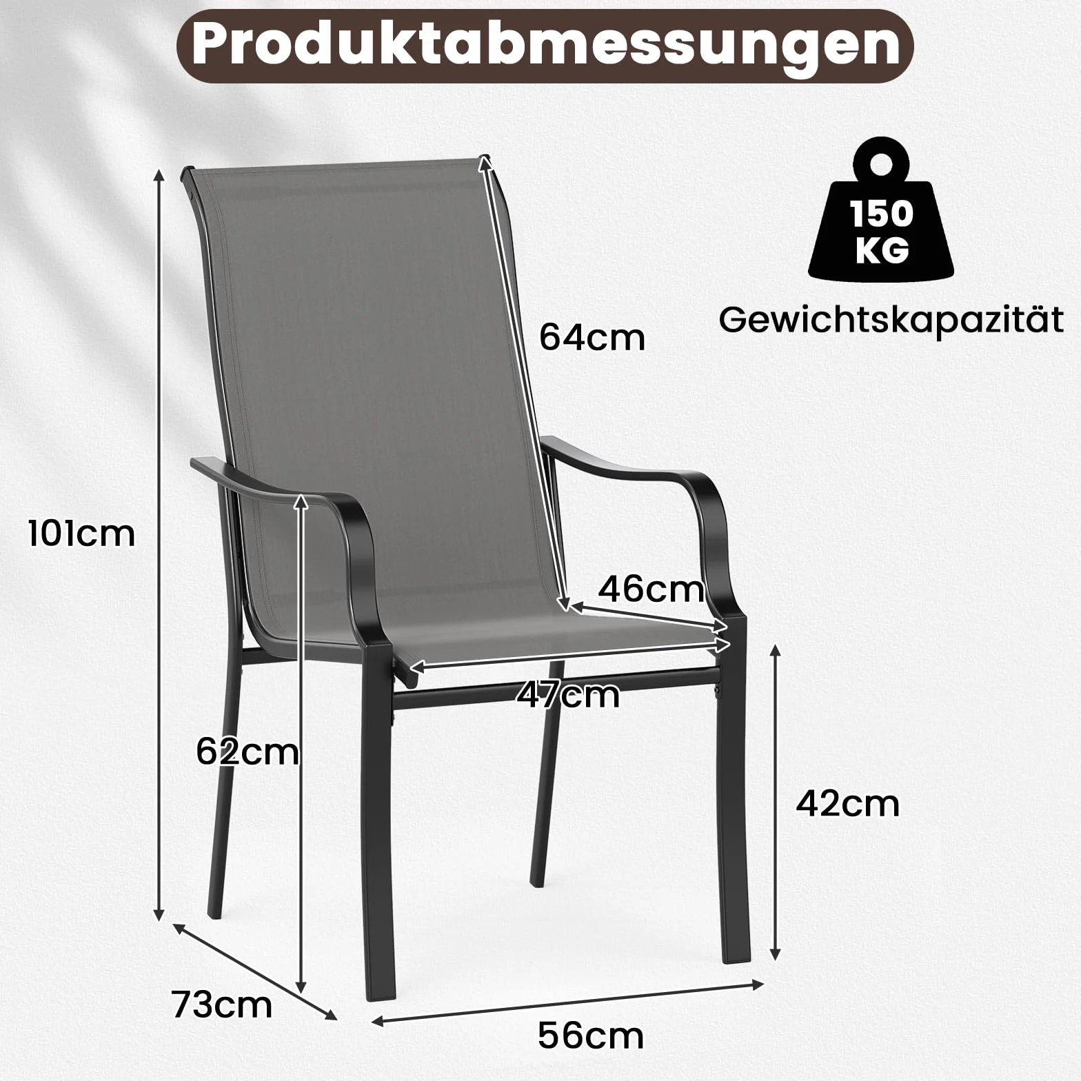 COSTWAY Krzesła ogrodowe, zestaw 2 sztuk, krzesła tarasowe z wysokim oparciem, krzesła balkonowe z obciążeniem do 150 kg, do ogrodu, na taras, balkon, 56 x 73 x 101 cm, szare