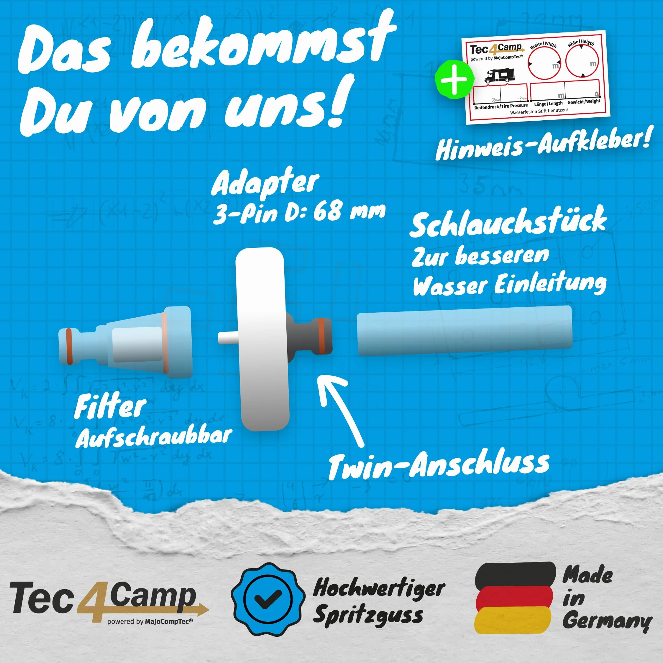 Tec4Camp® WATERTWIN-PRO korek wlewu paliwa z przyłączem wody | adapter z filtrem do pokrywy zbiornika na wodę, 3-pinowy śr. D:68, króciec wlewu wody, przyłącze napełnienia, akcesoria do przyczep