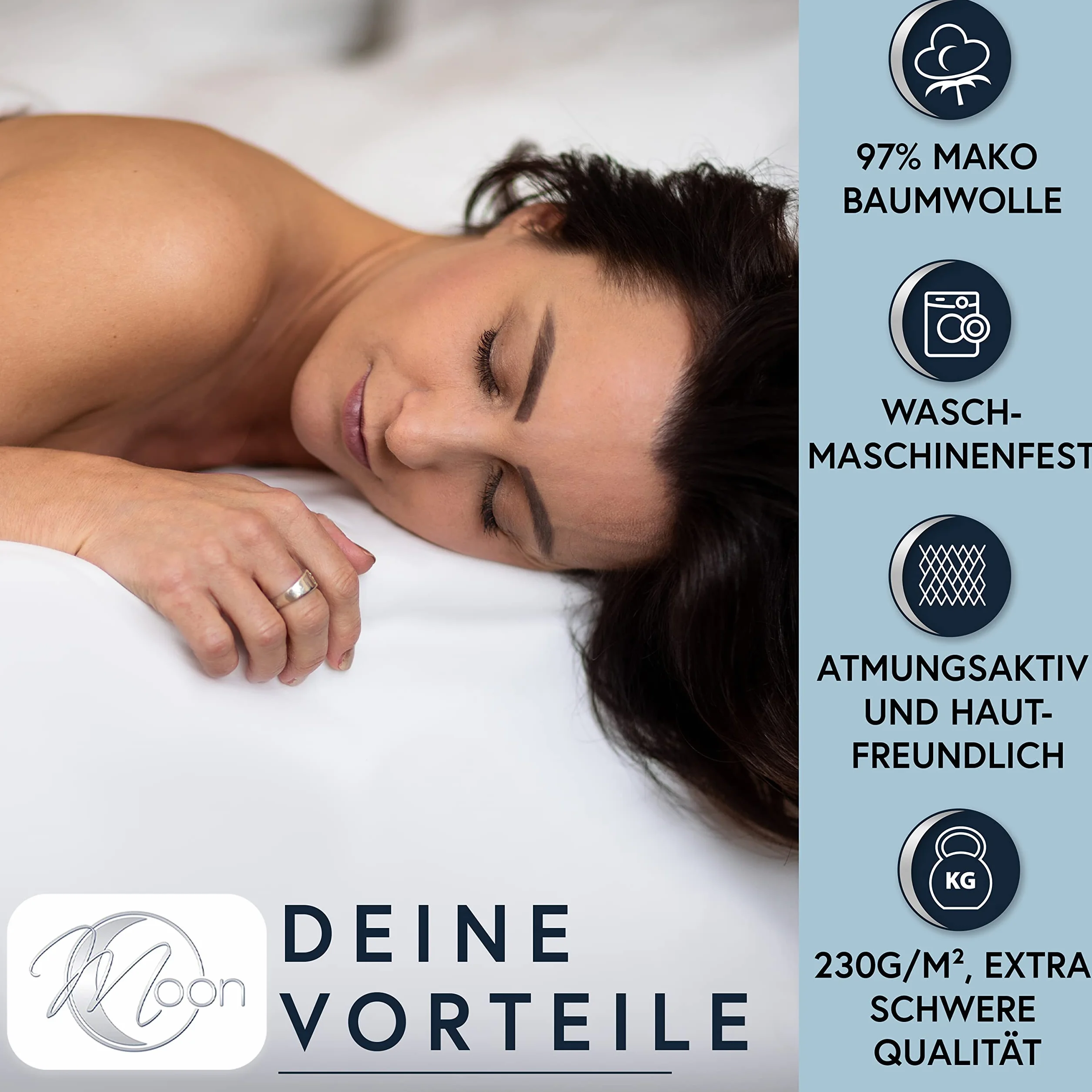 MOON -Luxury Prześcieradło z gumką, dżersej, 230 g/m², do łóżek wodnych, łóżek kontynentalnych i tradycyjnych materacy (białe, 200 x 220 – 220 x 240 cm)