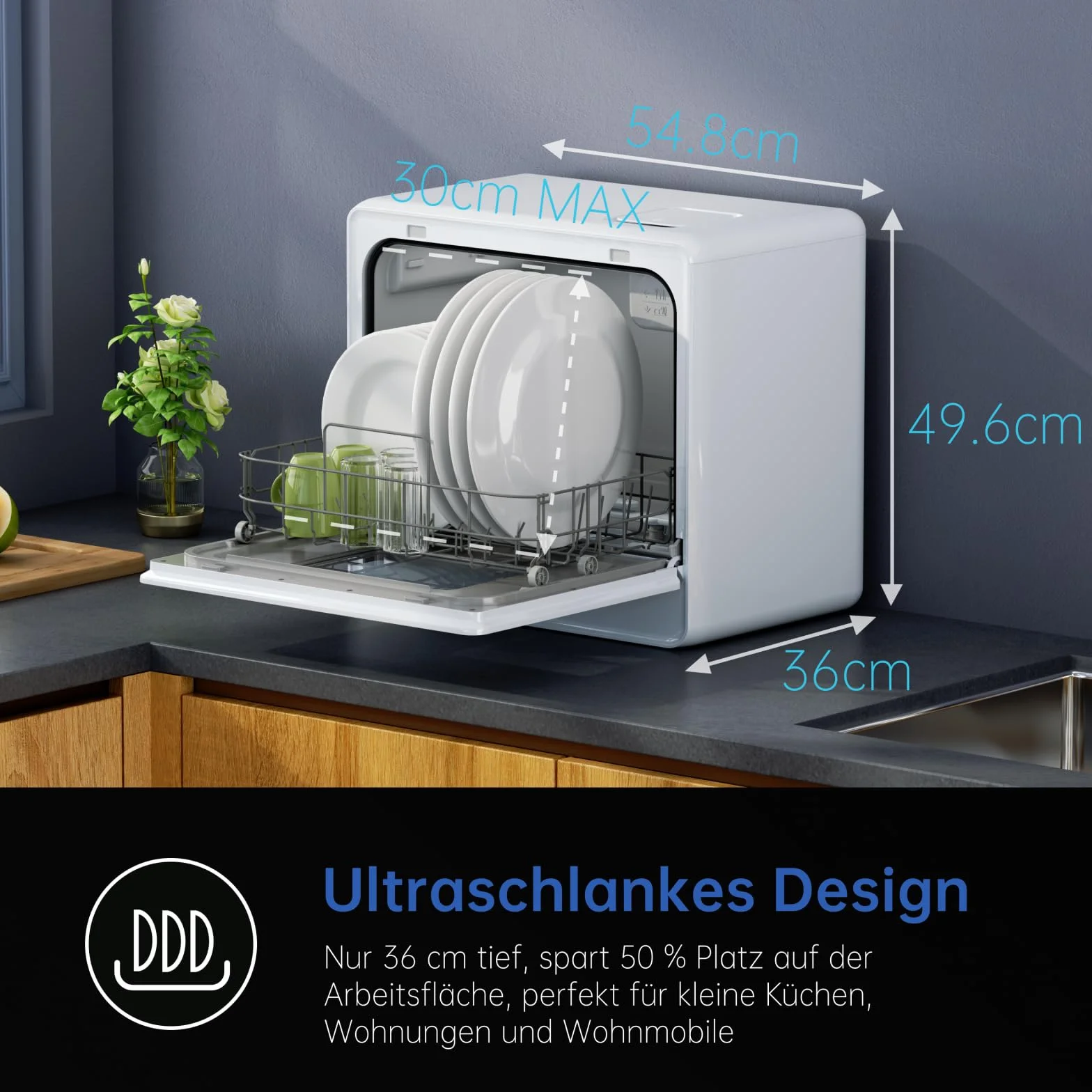 AIRMSEN Mini Zmywarka Stołowa – 7+2 programy, 5L zbiornik, zmiękczacz wody. Działa z/bez podłączenia. Idealna do mieszkań i kamperów. Biała