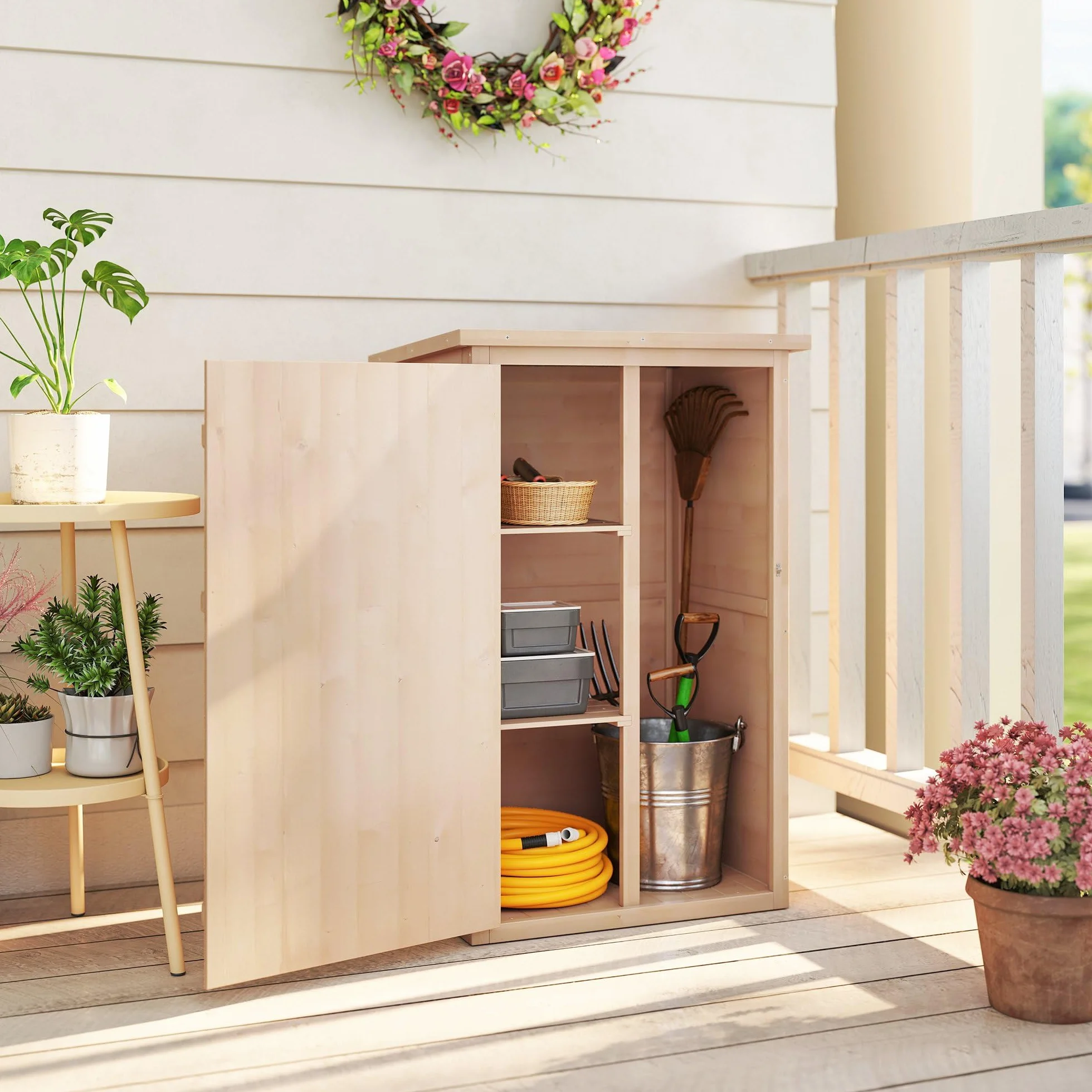 Outsunny Szafka ogrodowa Zniżka na narzędzia Drewno jodłowe wstępnie naoliwione Dach bitumiczny nachylony - Duży zamek drzwi - 2 półki - Sm. 75L x 56l x 115H cm