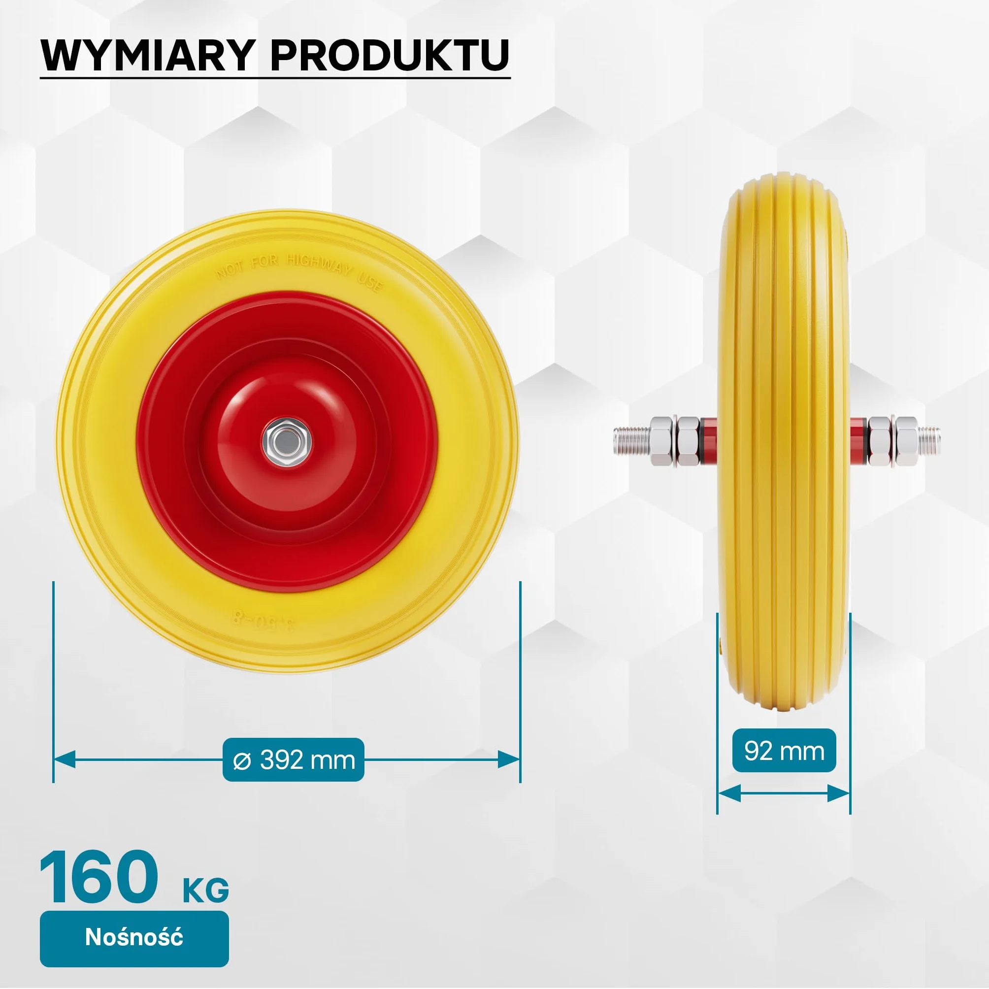 Wiltec Koło do taczki PU 3.50-8 do 160 kg koło pełne o wymiarach 92 x 392 mm, odporne na przebicia, poliuretanowe