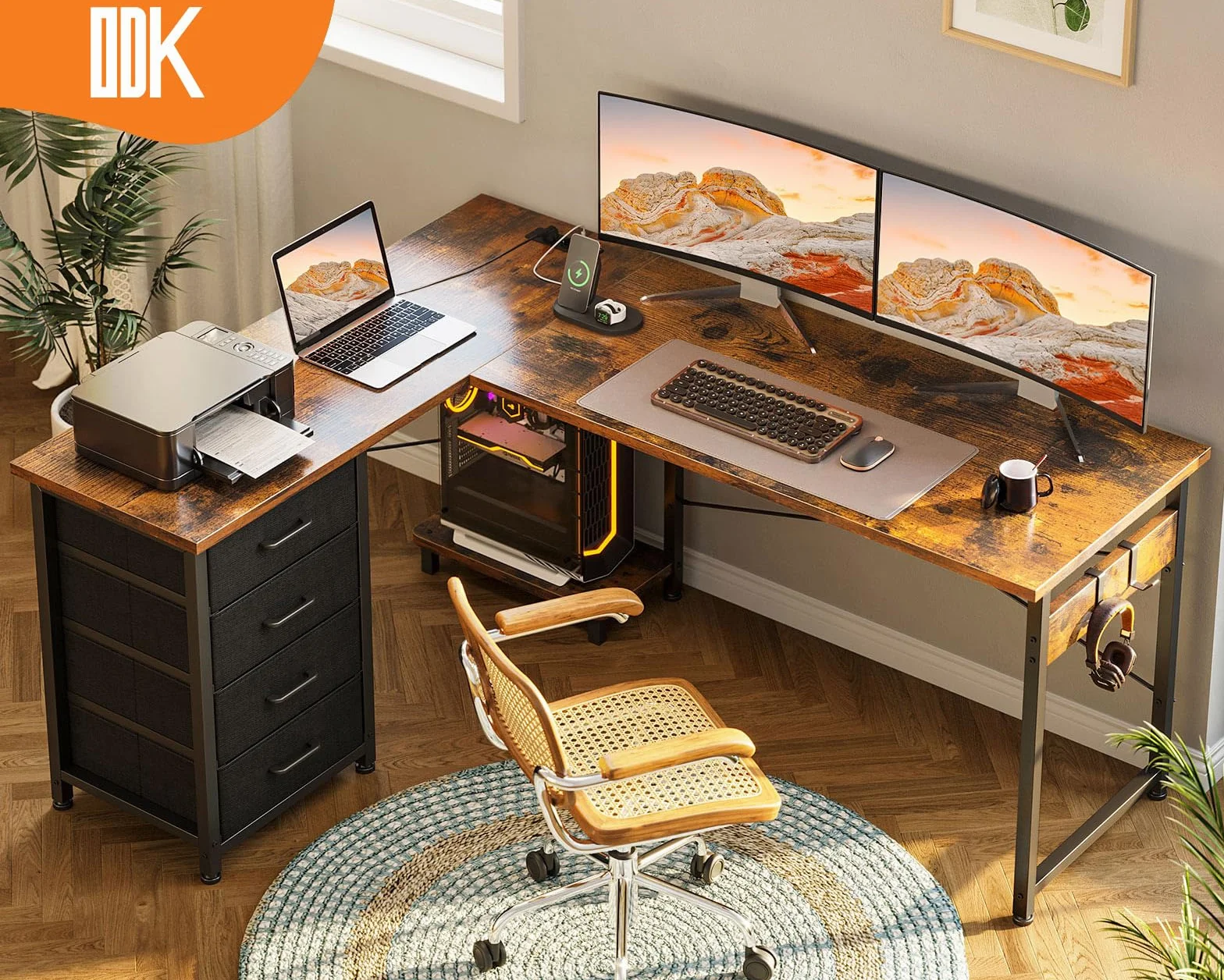 ODK Biurko narożne z 4 szufladami, biurko w kształcie L z gniazdkiem i portem USB, Odwracalne biurko z miejscem do przechowywania do home office (Vintage brązowy, 135×100 cm)
