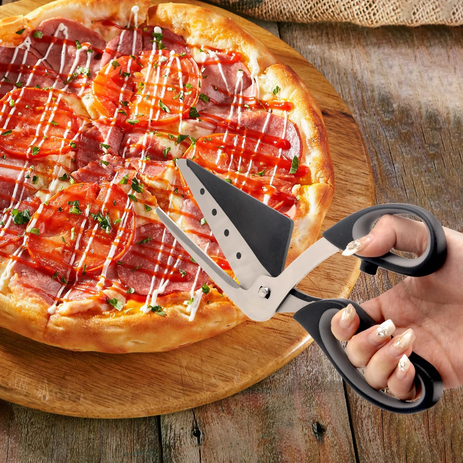 DAWRIS Nożyczki do pizzy, nożyce z łopatką, ostre z stali nierdzewnej, miękki uchwyt, wielofunkcyjne kuchenne, do mycia w zmywarce, 27 cm