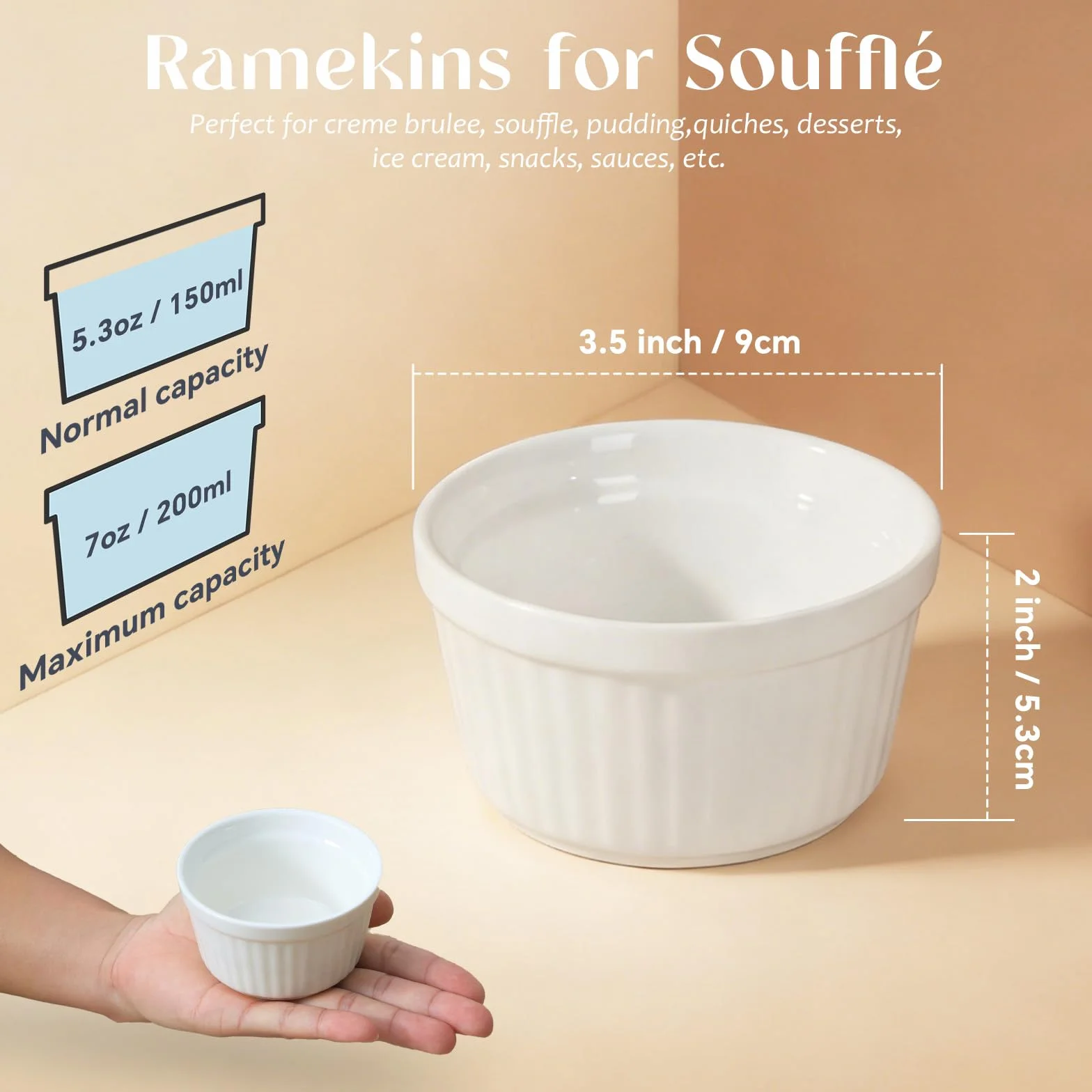 Ramekins zestaw 6 sztuk, 200 ml - 7 oz, porcelanowe ramekiny, ceramiczne naczynia do sufletu, ramekiny odporne na piekarnik, naczynie do crème brûlée 9 cm do ciast, puddingu, lodów i sosów